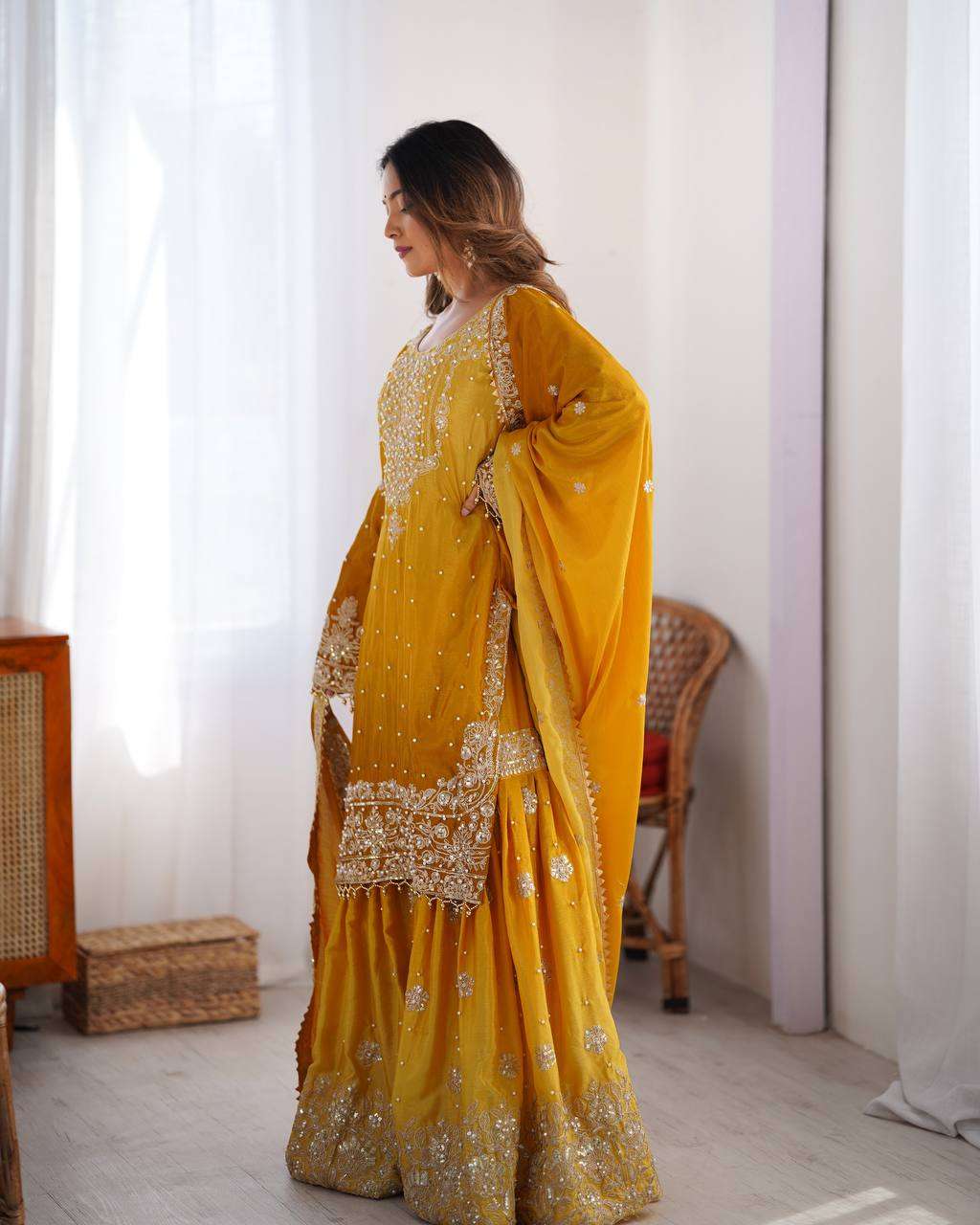 Women's Chinon Silk Sequence With Rivet Moti Work Straight Kurta With Sharara and Dupatta Set