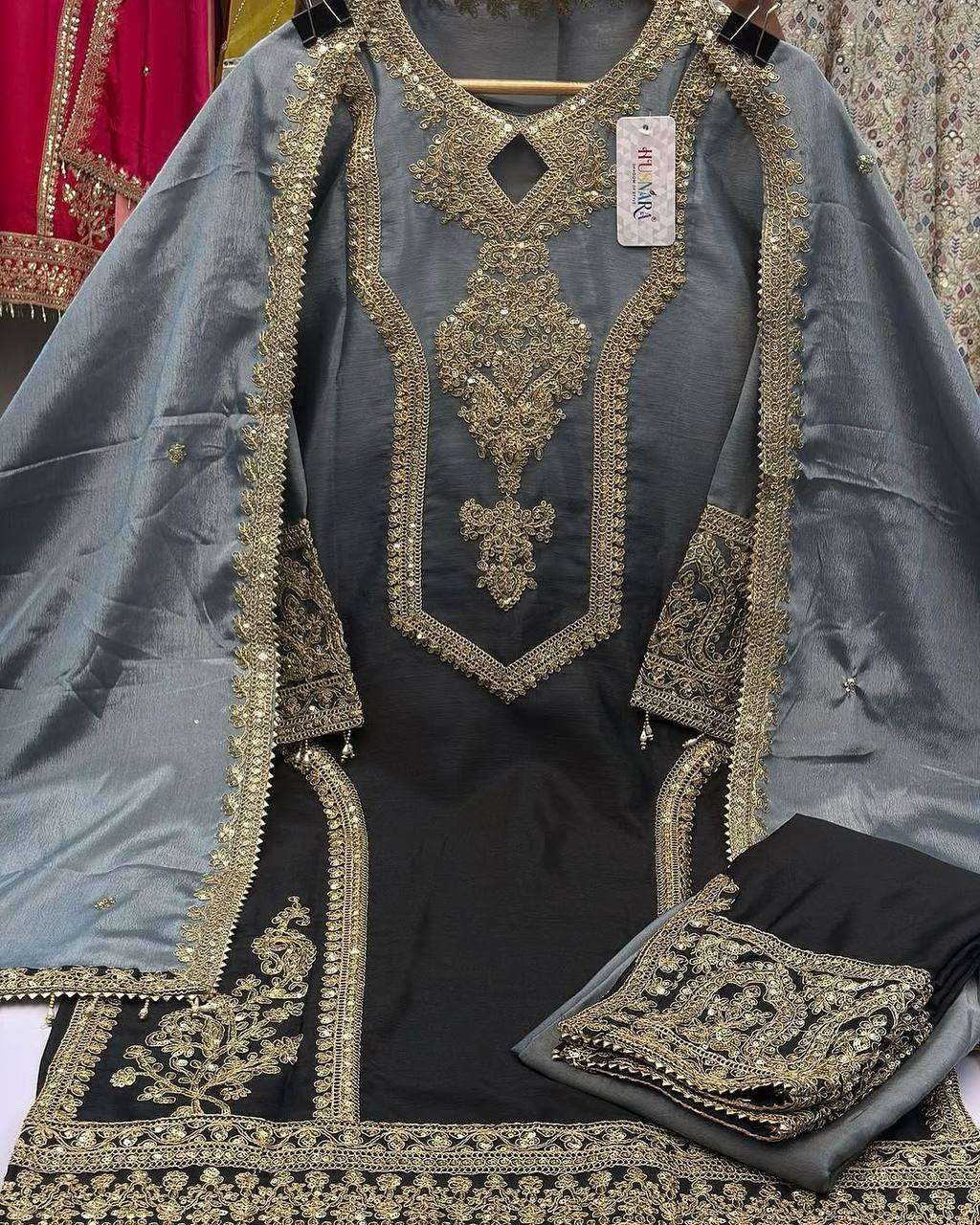 Women's Chinon Silk Embroidery Straight Pakistani Salwar Suit and Dupatta