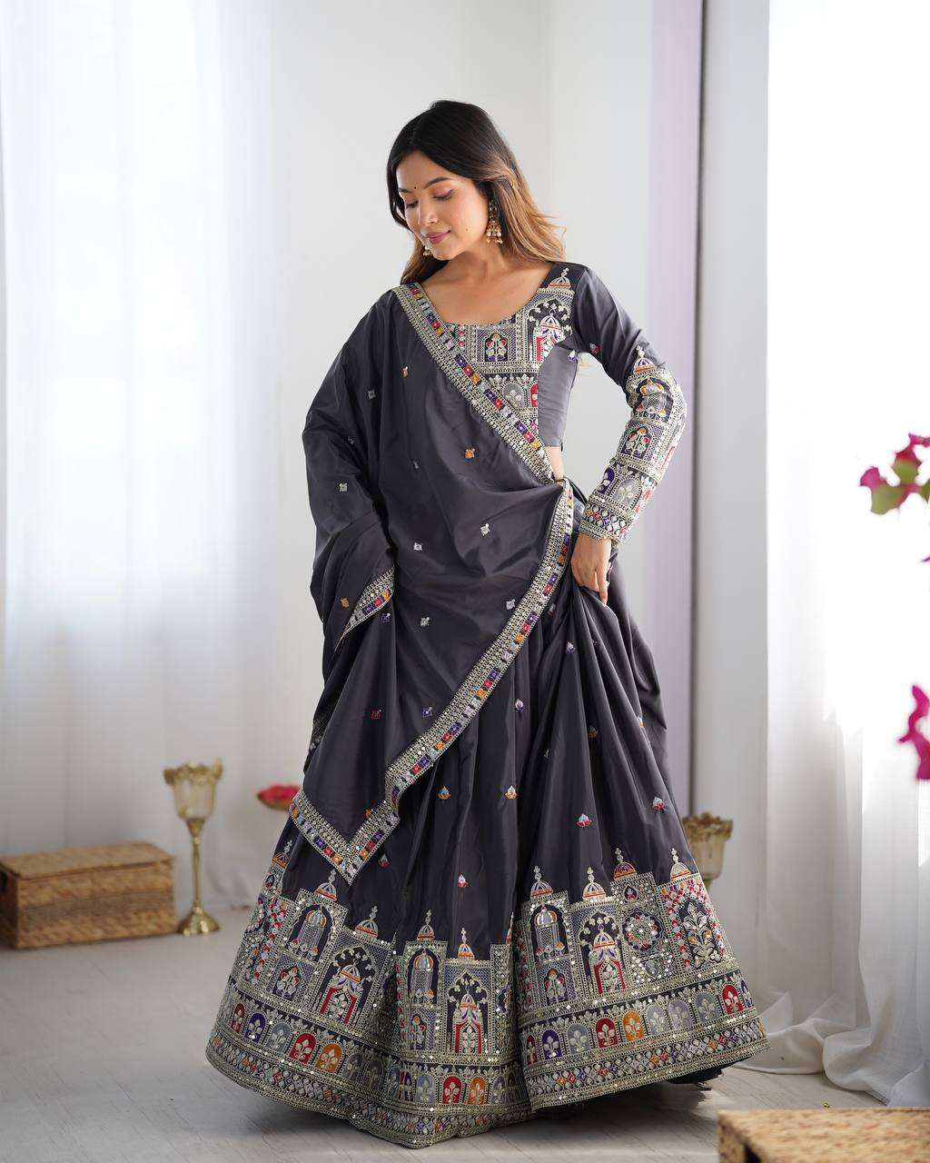 Women's Crepe Silk Sequence Embroidery and Zari Work Rajsthani Lehenga Choli with Dupatta