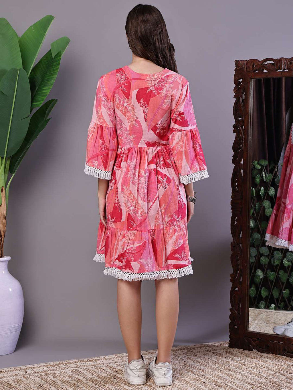 Wome's Pink Floral Printed Cotton A-Line Dress with Embroidered Yoke Midi Dresses