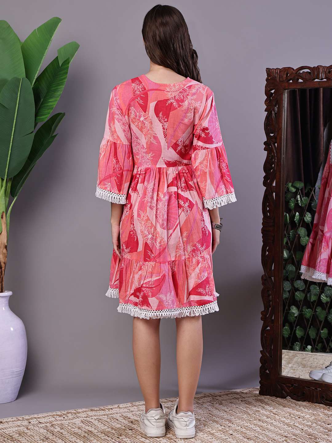 Wome's Pink Floral Printed Cotton A-Line Dress with Embroidered Yoke Midi Dresses
