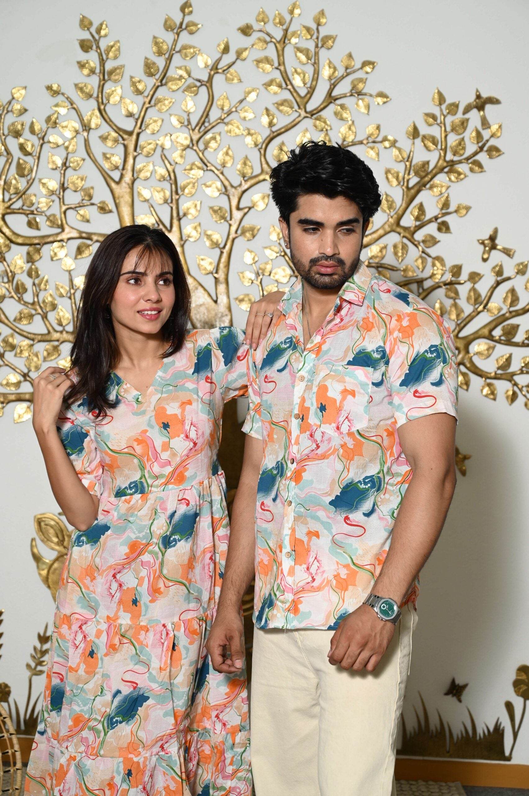Couple Matching Abstract Print Cotton Anarkali Midi Dress & Shirt Set ? Multicolor Summer Outfit
