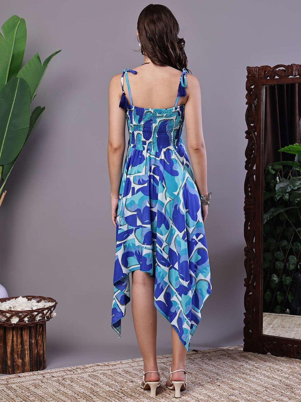 Women's Blue Printed Cotton Handkerchief Hem Dress Midi Dresses
