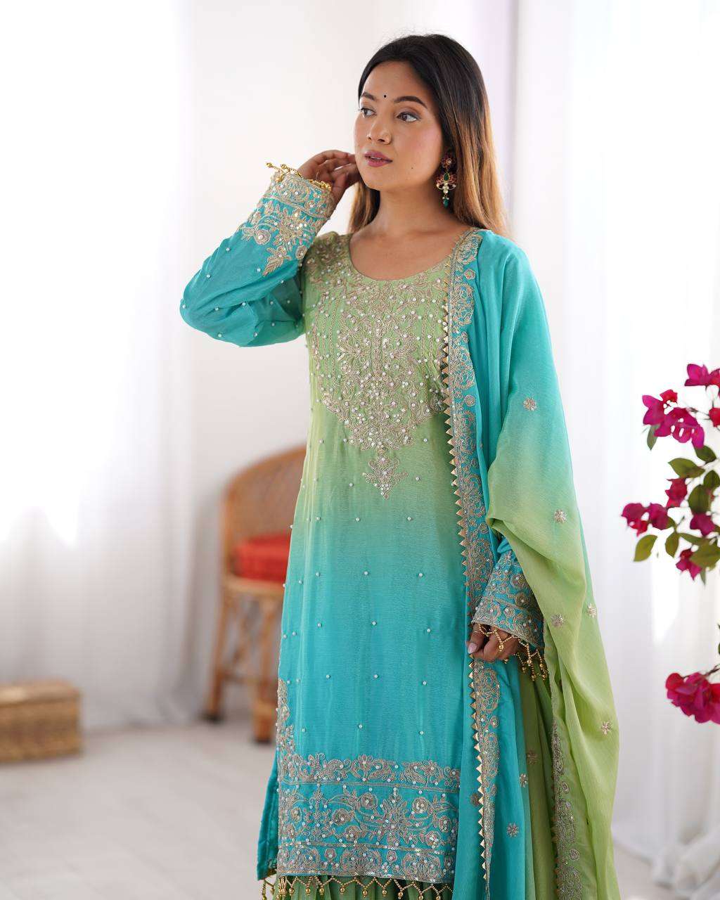 Women's Chinon Silk Sequence With Rivet Moti Work Straight Kurta With Sharara and Dupatta Set