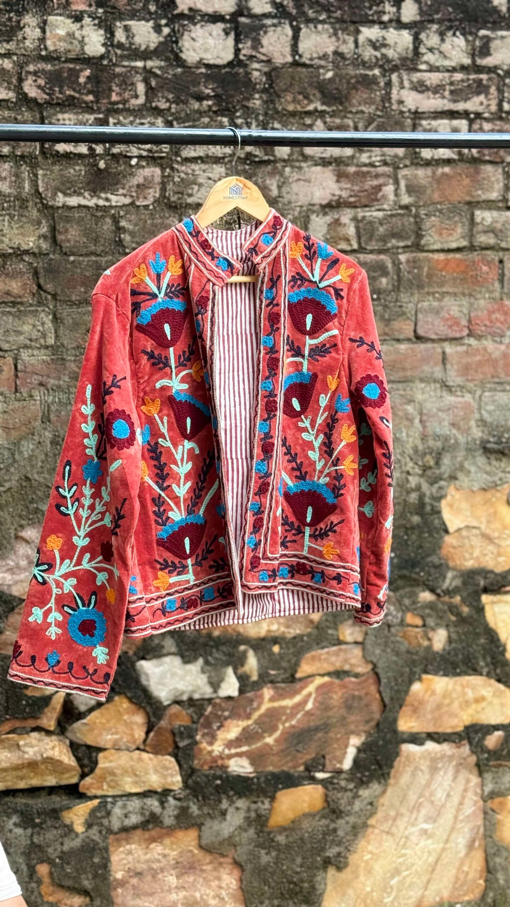 Womens Terracotta Velvet Embroidered Jacket with Floral Design