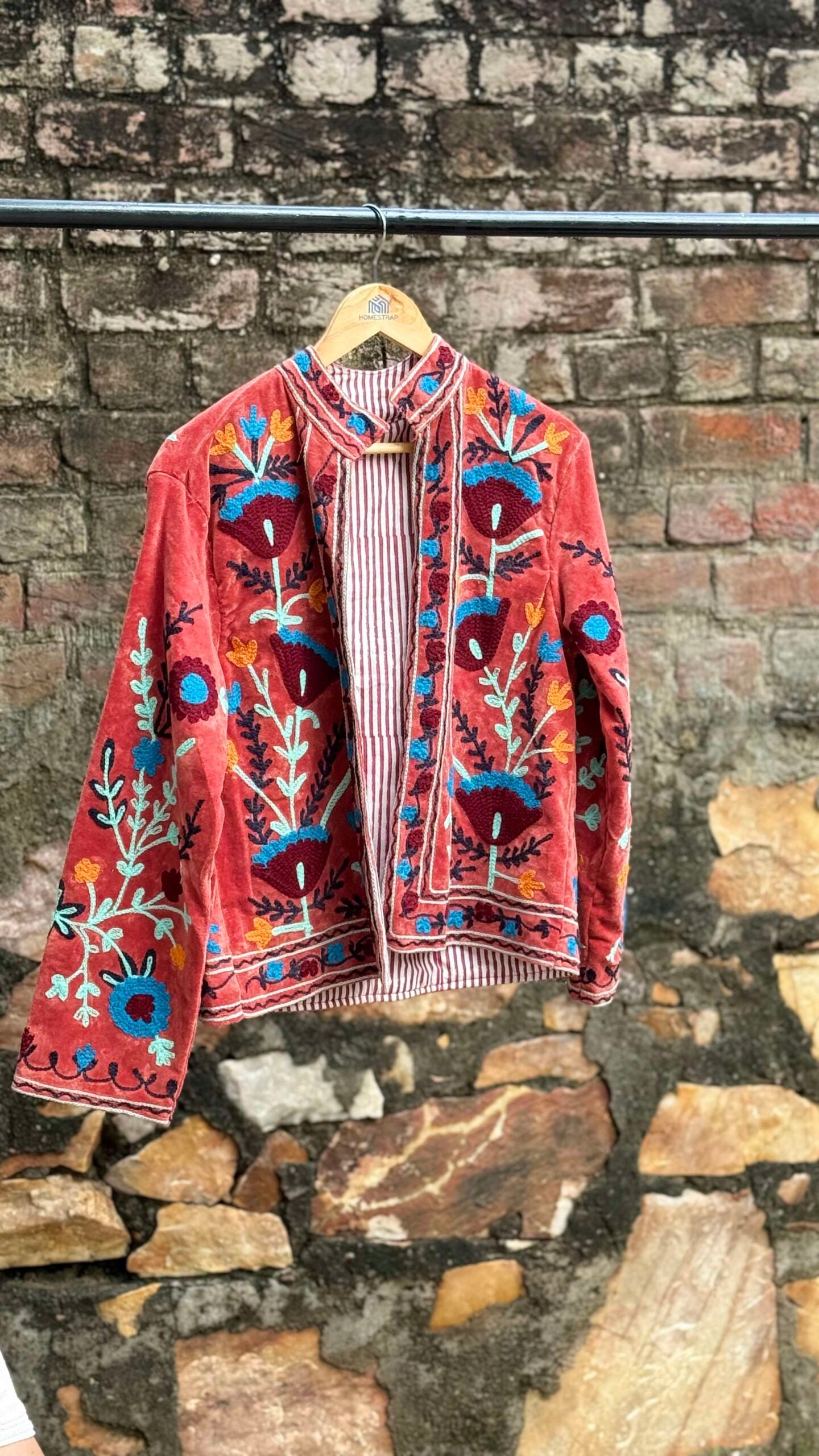 Womens Terracotta Velvet Embroidered Jacket with Floral Design