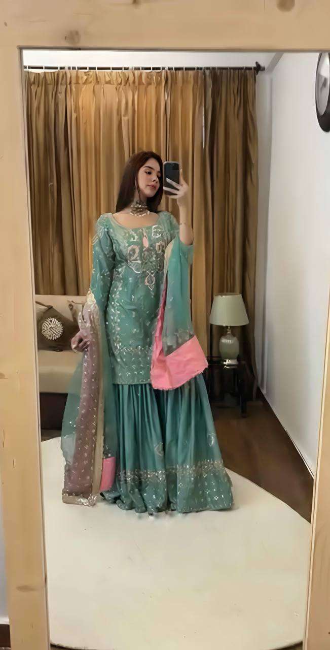 Women's Chinon Silk Heavy Embroidery Straight Kurta With Sharara and Dupatta set