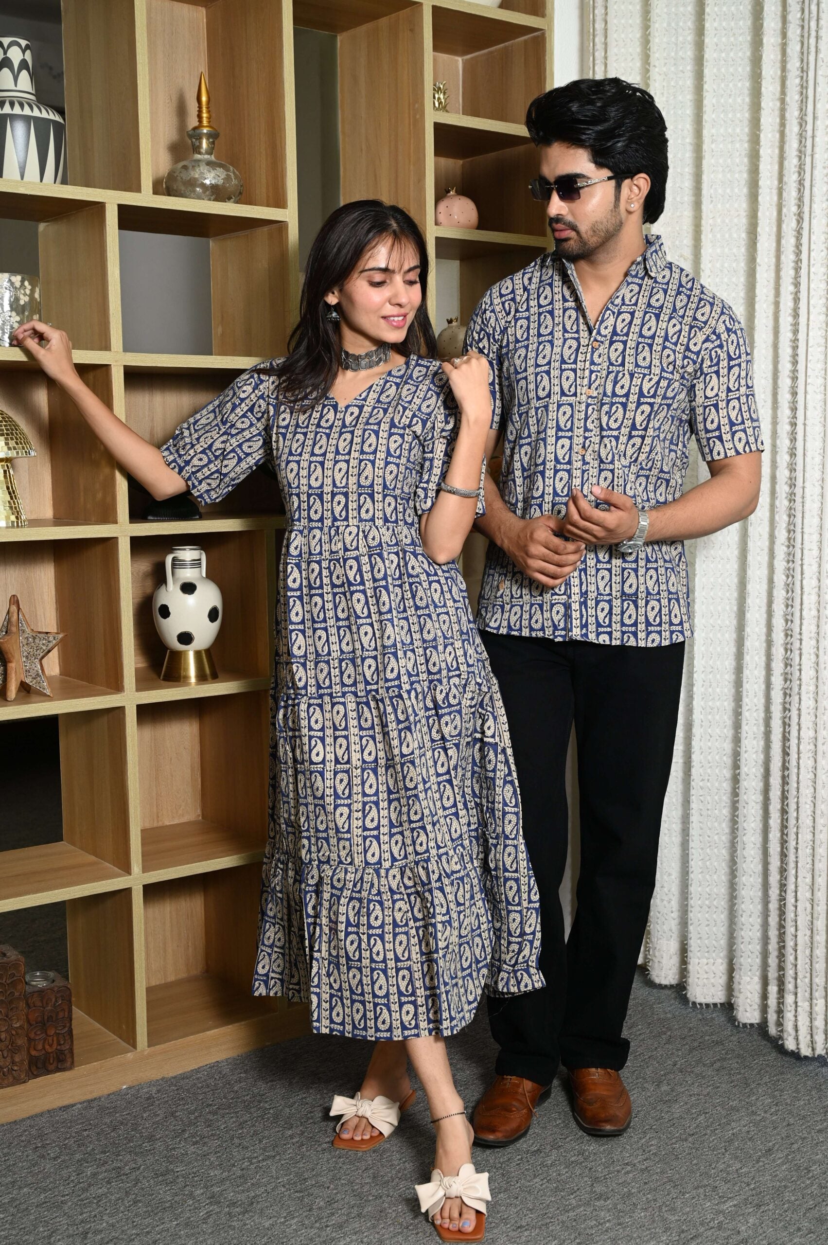 Couple Matching Navy Blue Cotton Anarkali Midi Dress and Shirt Set ? Paisley Block Print