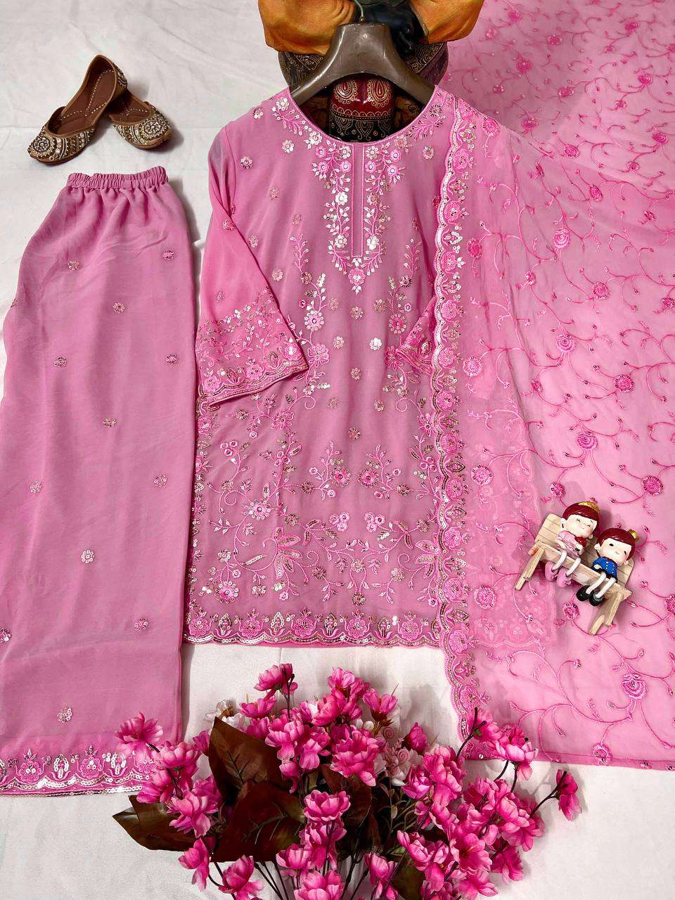 Women's Faux Georgette Embroidery work Straight Kurti With Pant and Dupatta Set
