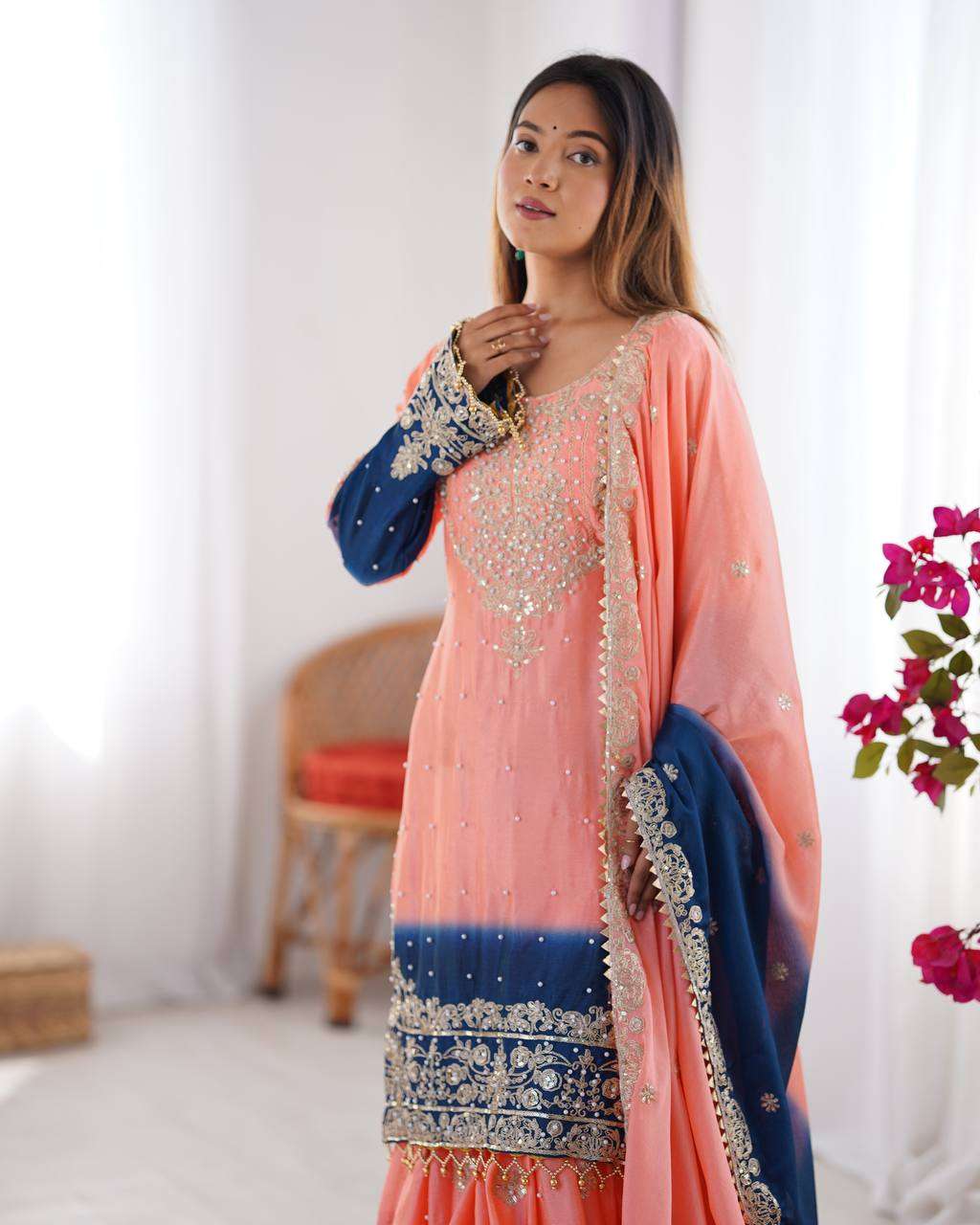 Women's Chinon Silk Sequence With Rivet Moti Work Straight Kurta With Sharara and Dupatta Set