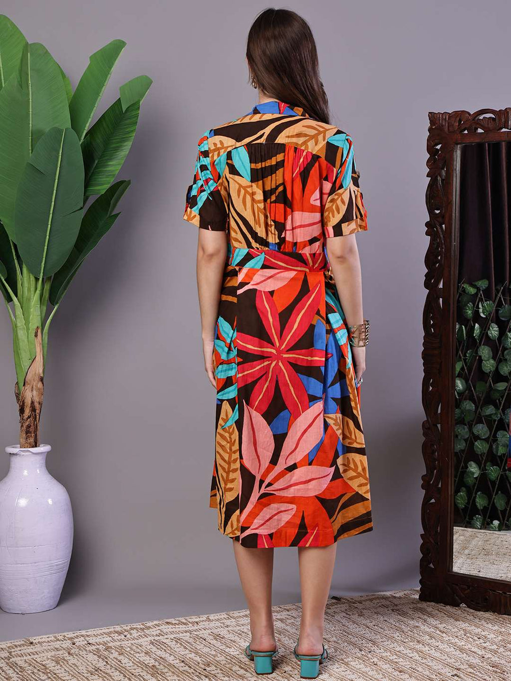 Women's Leaf Print Button-Down Cotton Midi Dress
