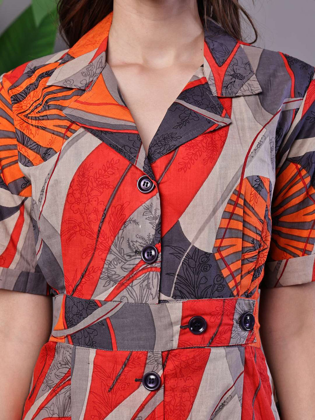 Women's Leaf Print Button-Down Cotton Midi Dress