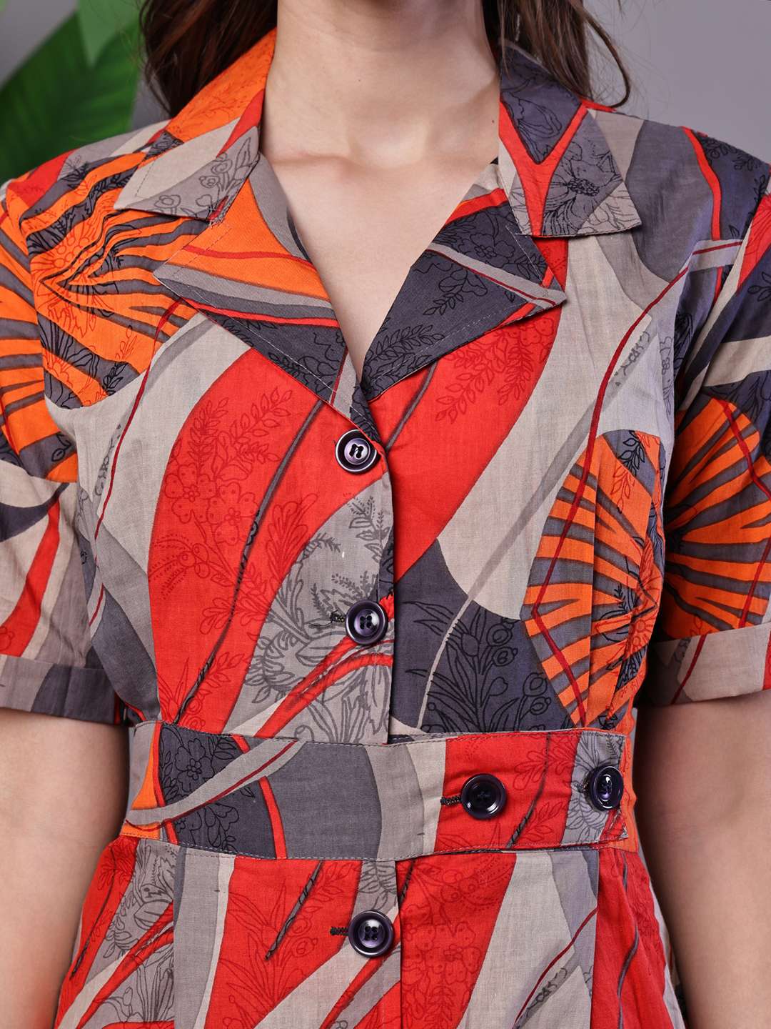 Women's Leaf Print Button-Down Cotton Midi Dress