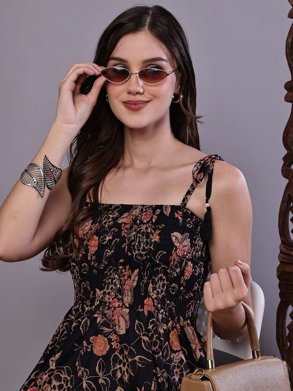 Women's Black Floral Printed Cotton Handkerchief Hem Dress Midi Dresses