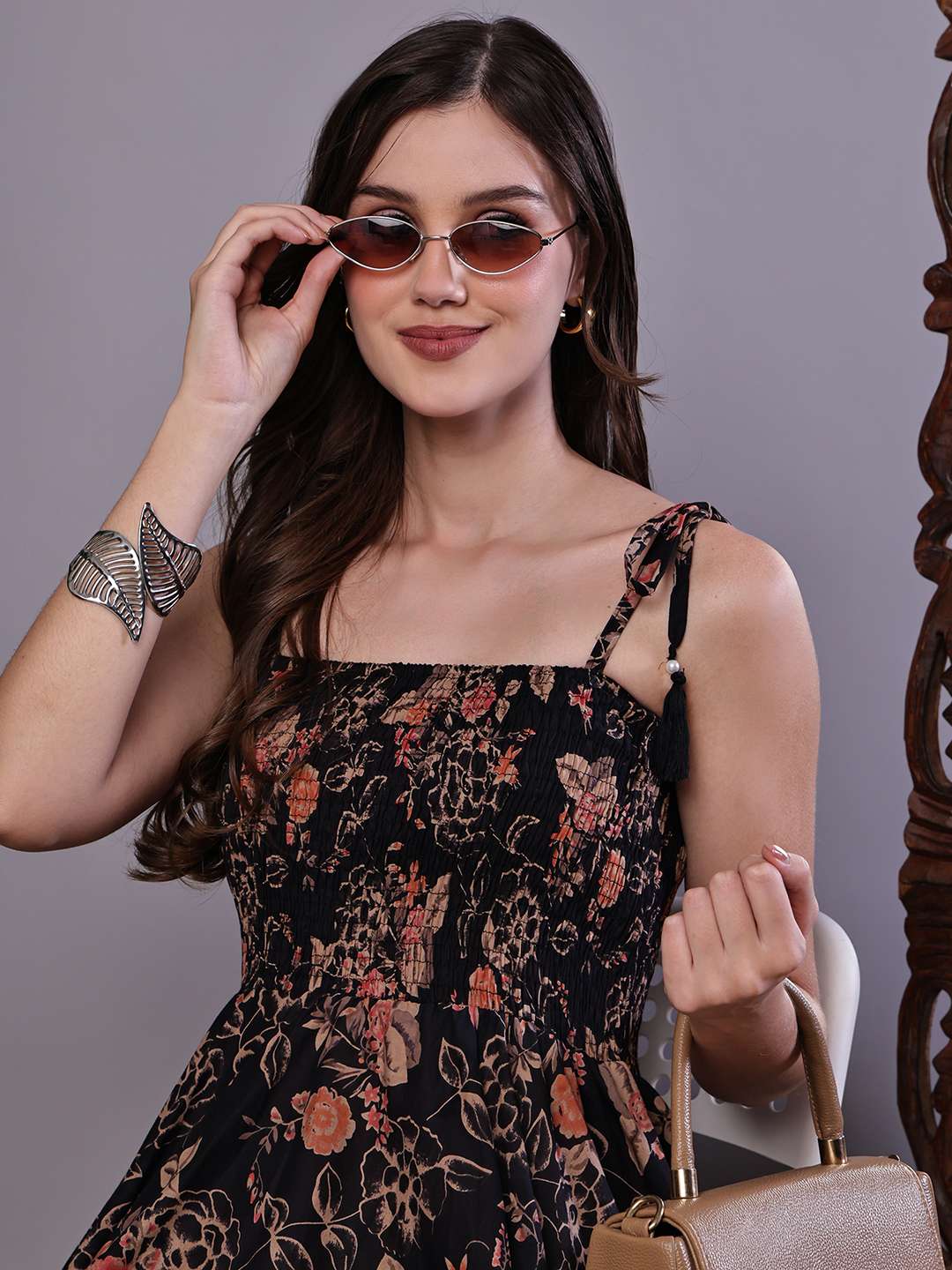 Women's Black Floral Printed Cotton Handkerchief Hem Dress Midi Dresses
