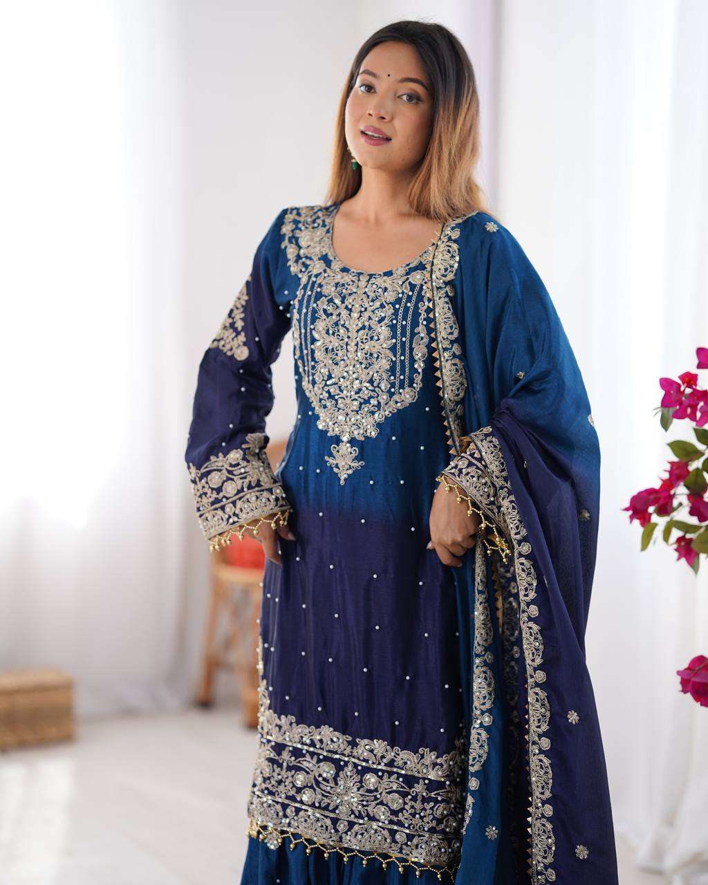 Women's Chinon Silk Sequence With Rivet Moti Work Straight Kurta With Sharara and Dupatta Set