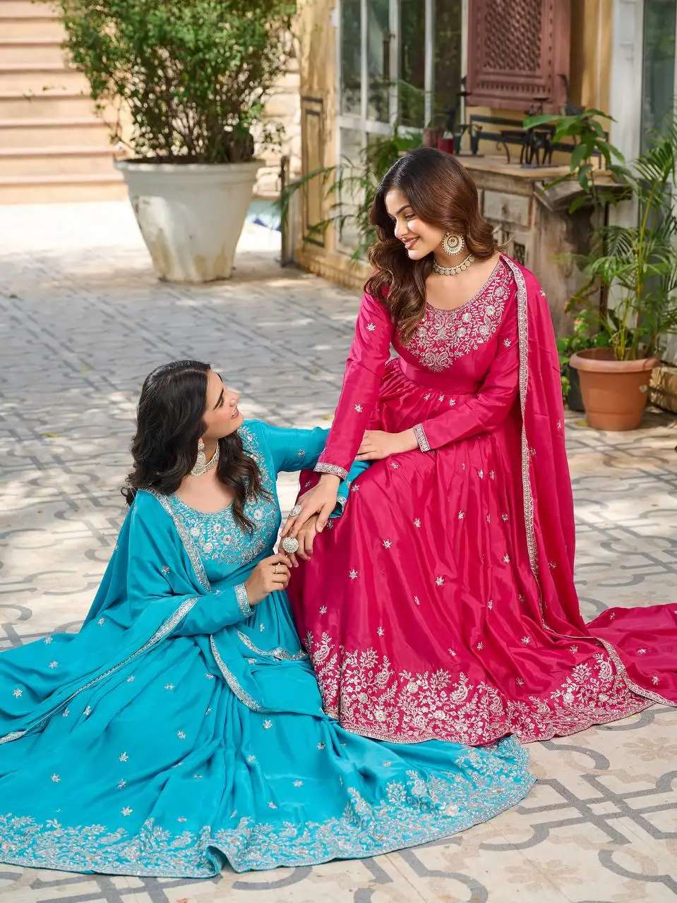 Women's American Silk Sequence Embroidery Long Anarkali Kurti Gown With Dupatta