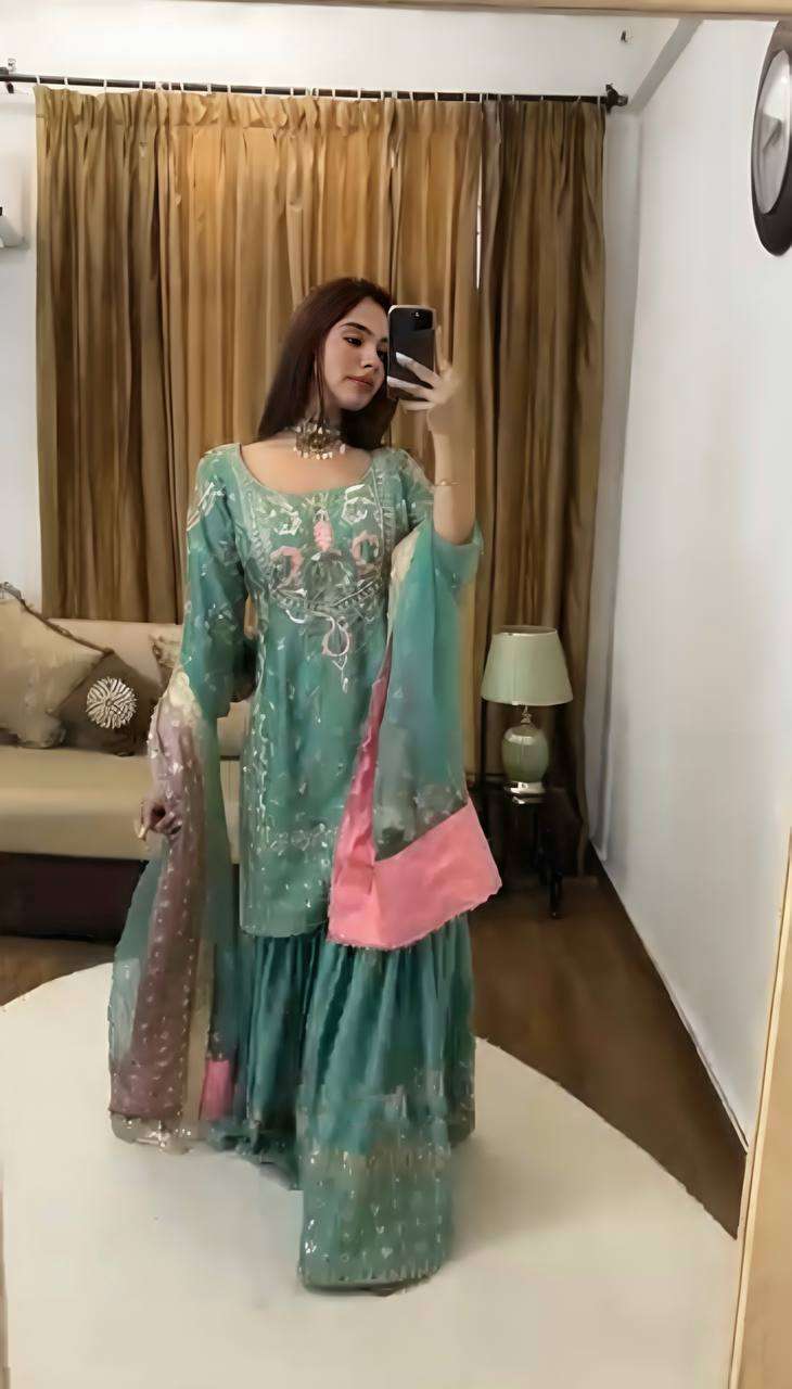 Women's Chinon Silk Heavy Embroidery Straight Kurta With Sharara and Dupatta set