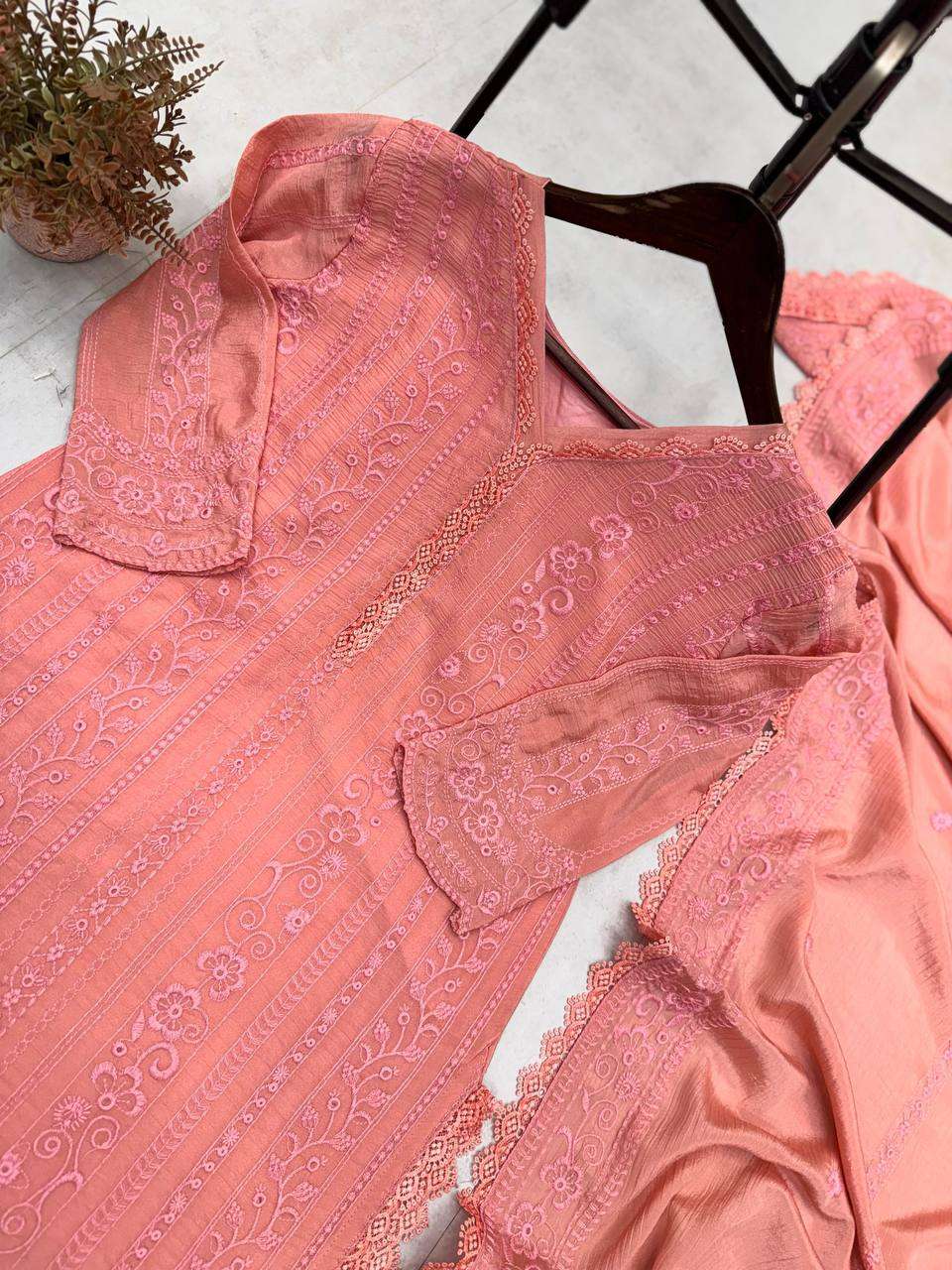 Women's Chinon Silk with Cotton Thread Embroidery Straight Kurti With Pant and Dupatta set