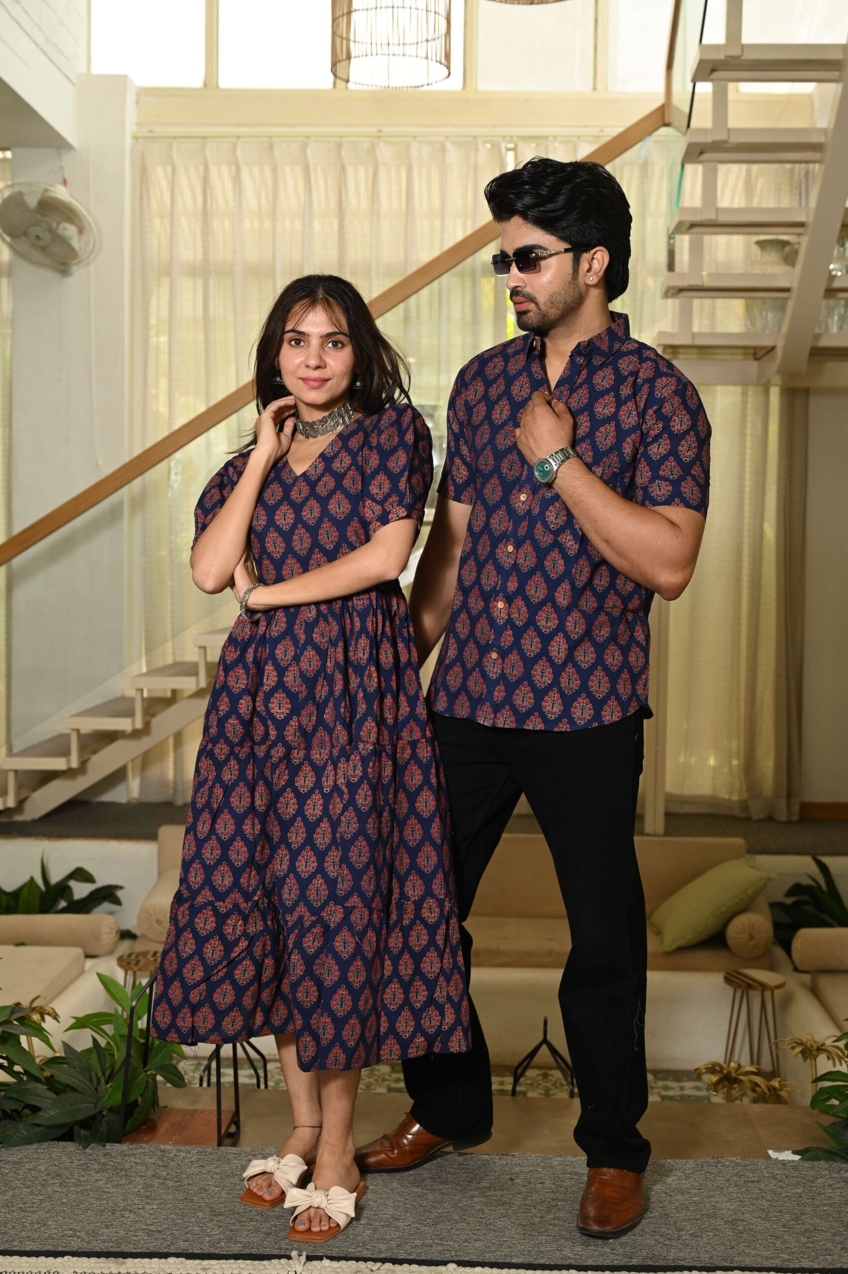 Couple Matching Navy Blue Cotton Anarkali Midi Dress and Shirt Set ? Red Hand Block Print