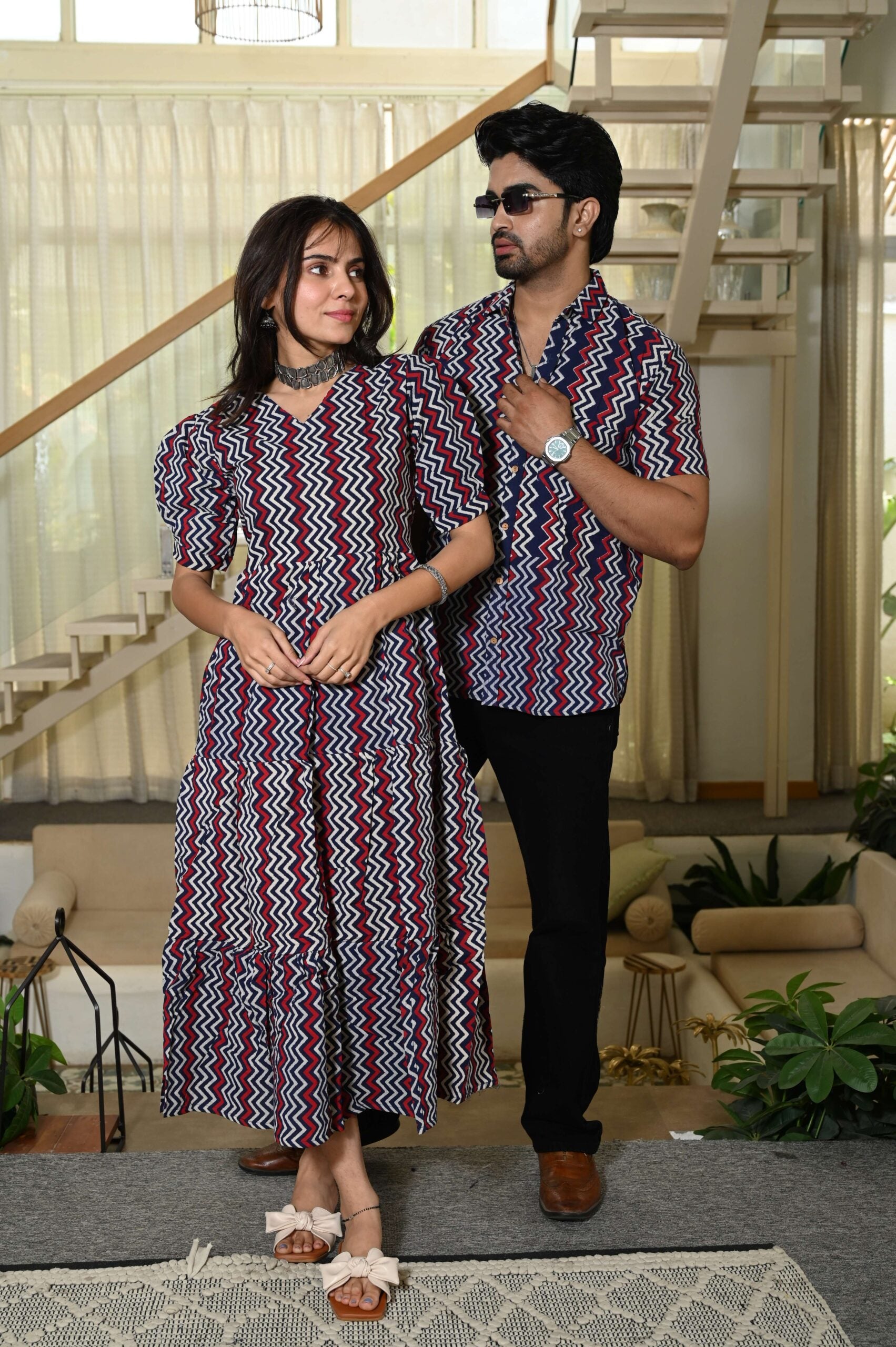 Couple Matching Navy Blue & Red Zigzag Cotton Anarkali Midi Dress and Shirt Set