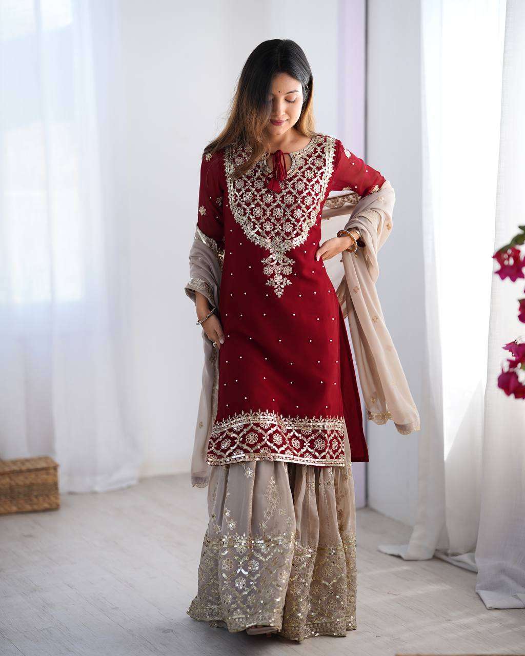Women's Faux Georgette Sequins Embroidered Straight Kurta With Sharara Suit and Dupatta Set