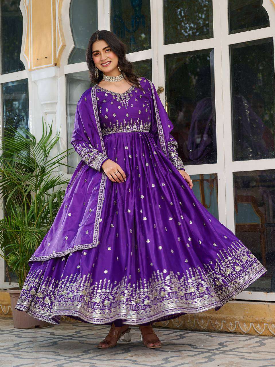 Women's American Silk Sequence Embroidery Long Anarkali Kurti (Gown) With Dupatta