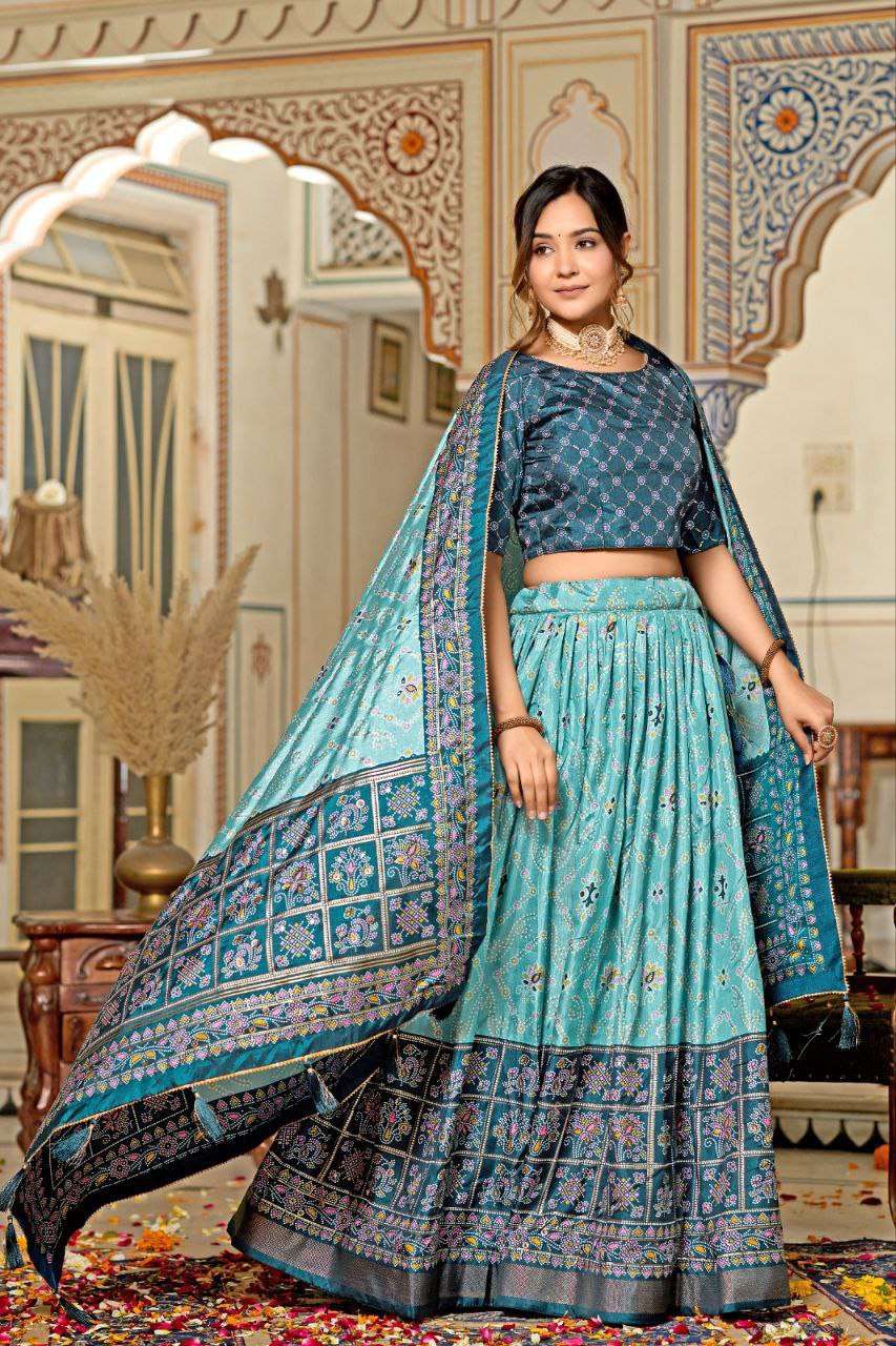 Women's Tussar Silk Patola Print Lehenga Choli Dupatta Set