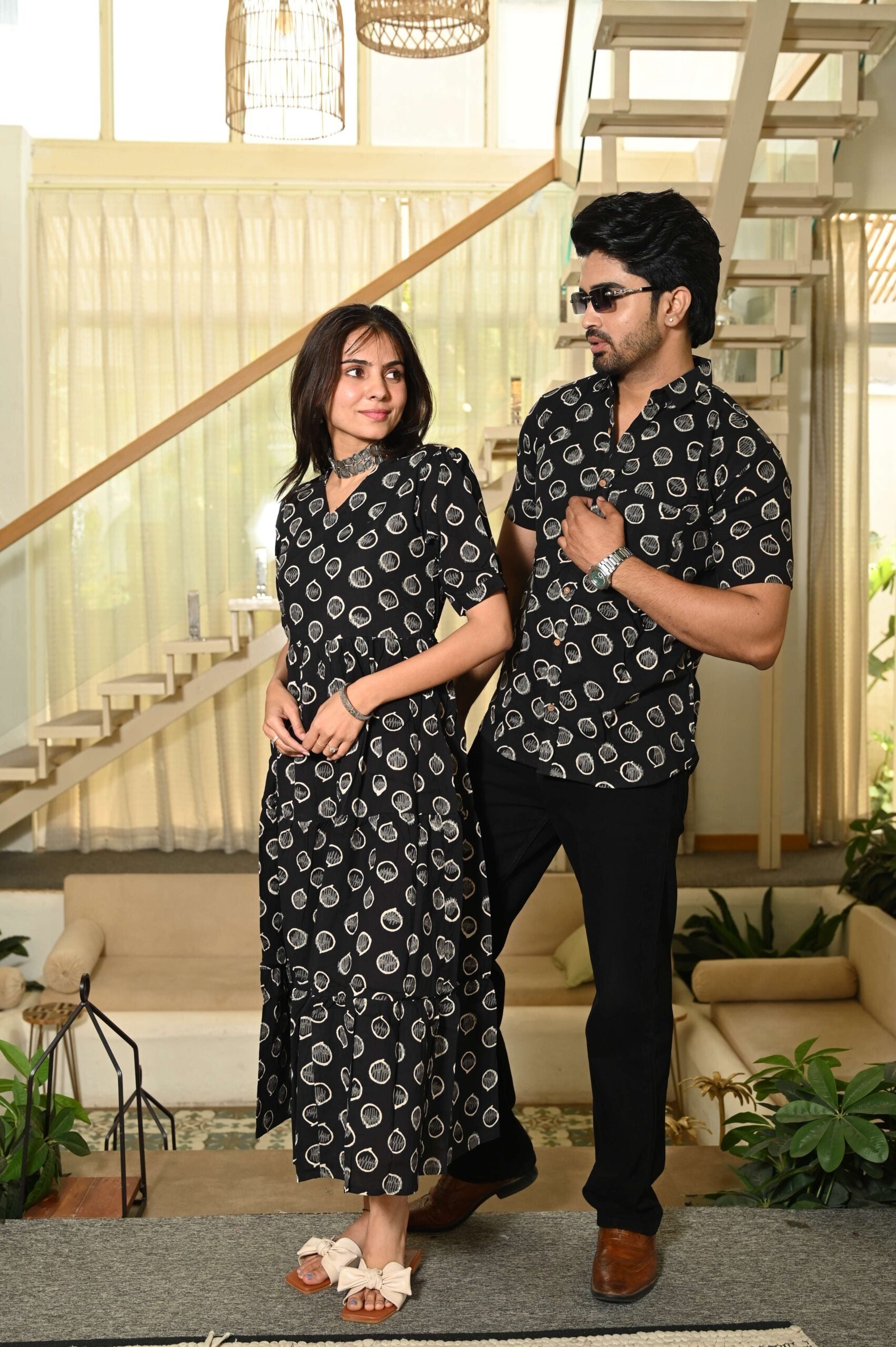 Couple Matching Black Cotton Anarkali Midi Dress and Shirt Set ? Vertical Vine Block Print