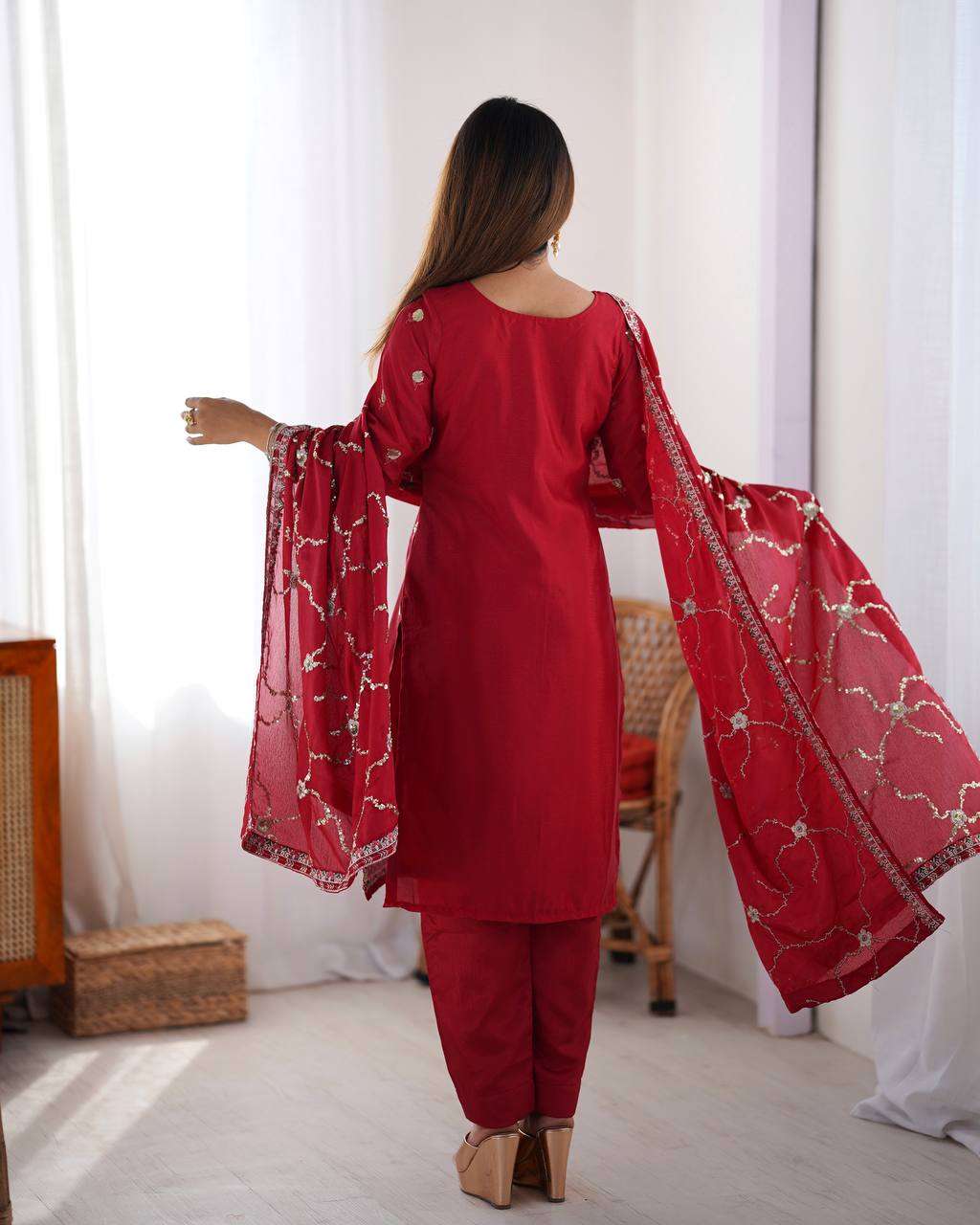 Women's Chinon Silk Embroidered Straight Kurti with Pant And Dupatta Set