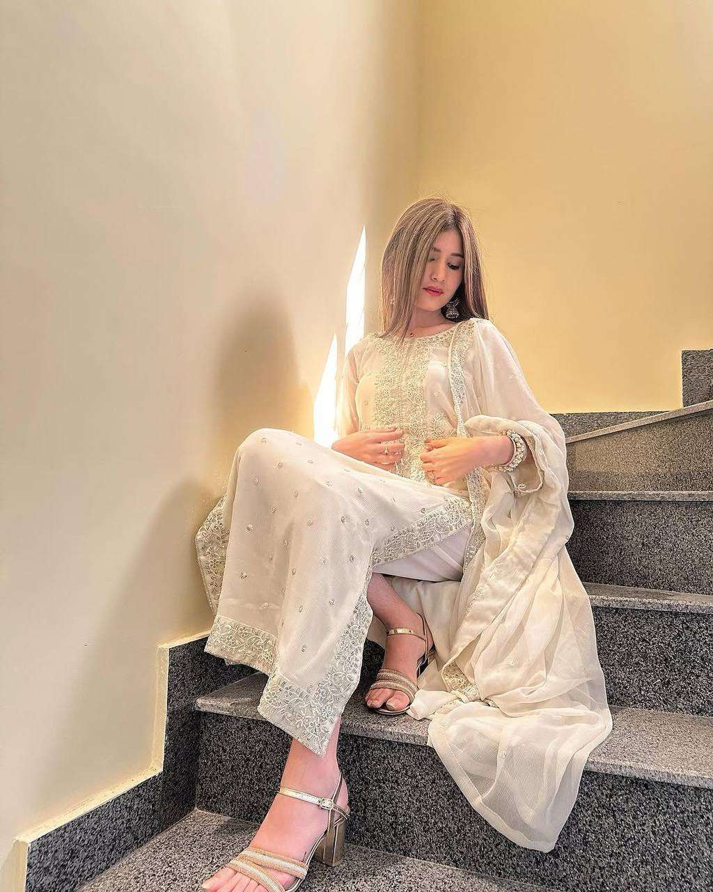 Women's Georgette Embroidery Sequence Work with Rivet Moti Work Straight Kurti With Pant and Dupatta Set