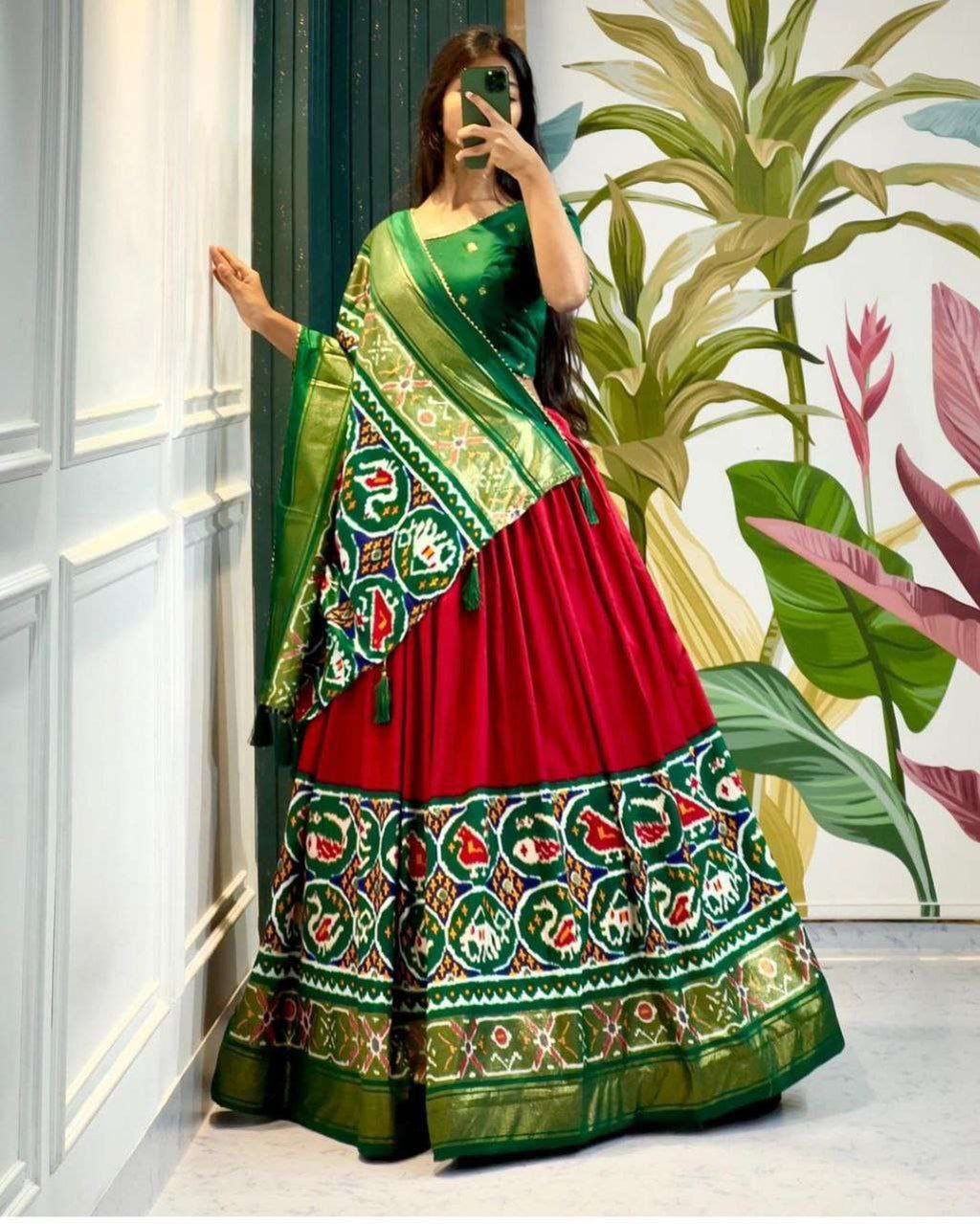 Women's Stitched Tussar Silk Patola Print Lehenga Choli Dupatta Set