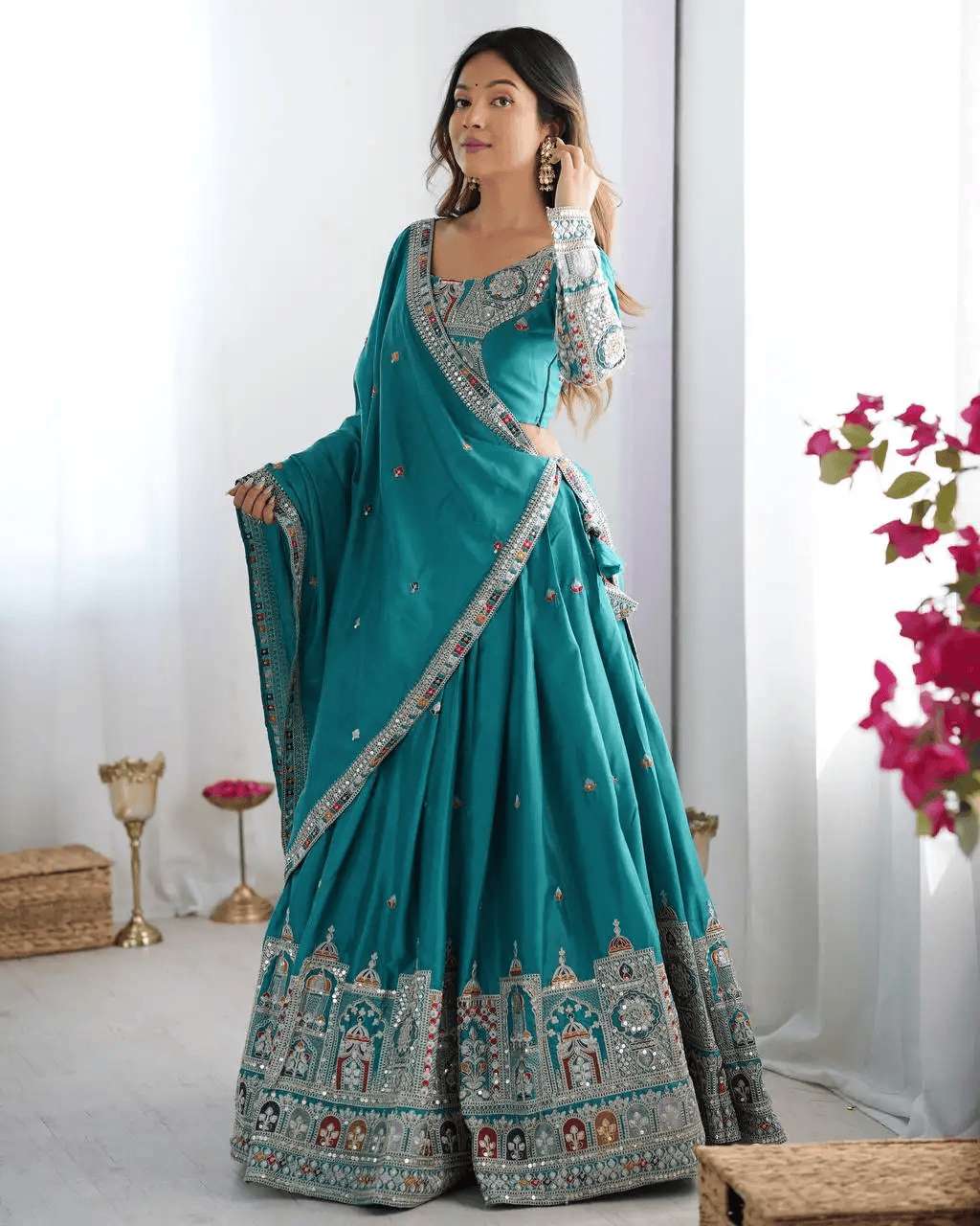 Women's Crepe Silk Sequence Embroidery and Zari Work Rajsthani Lehenga Choli with Dupatta
