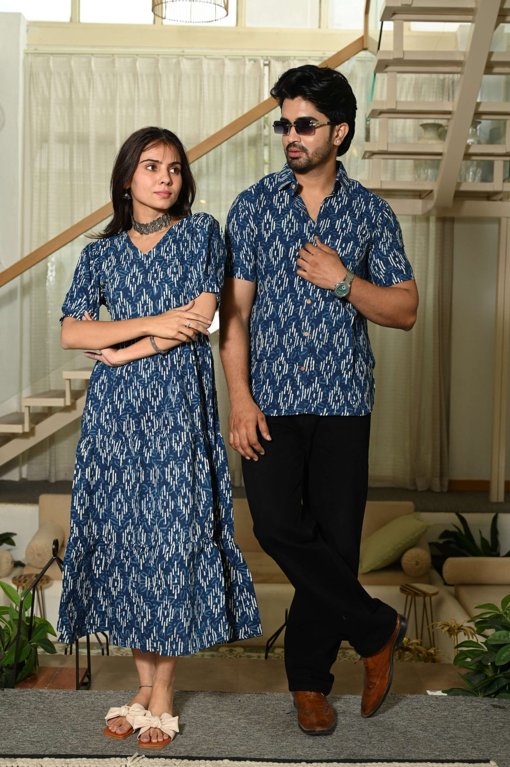 Couple Matching Blue Ikat Print Cotton Anarkali Midi Dress and Shirt Set