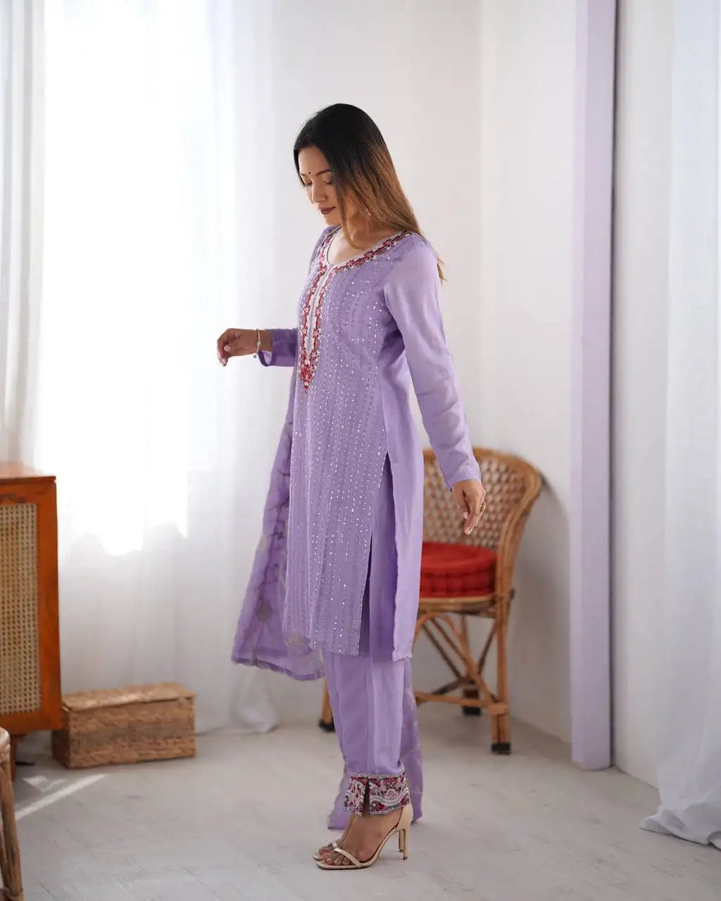 Women's Chinon Silk Sequence And Thread Work Straight Kurti With Pant and Dupatta Set
