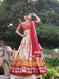 Women's Patola Print Tussar Silk Lehenga Choli Dupatta Set