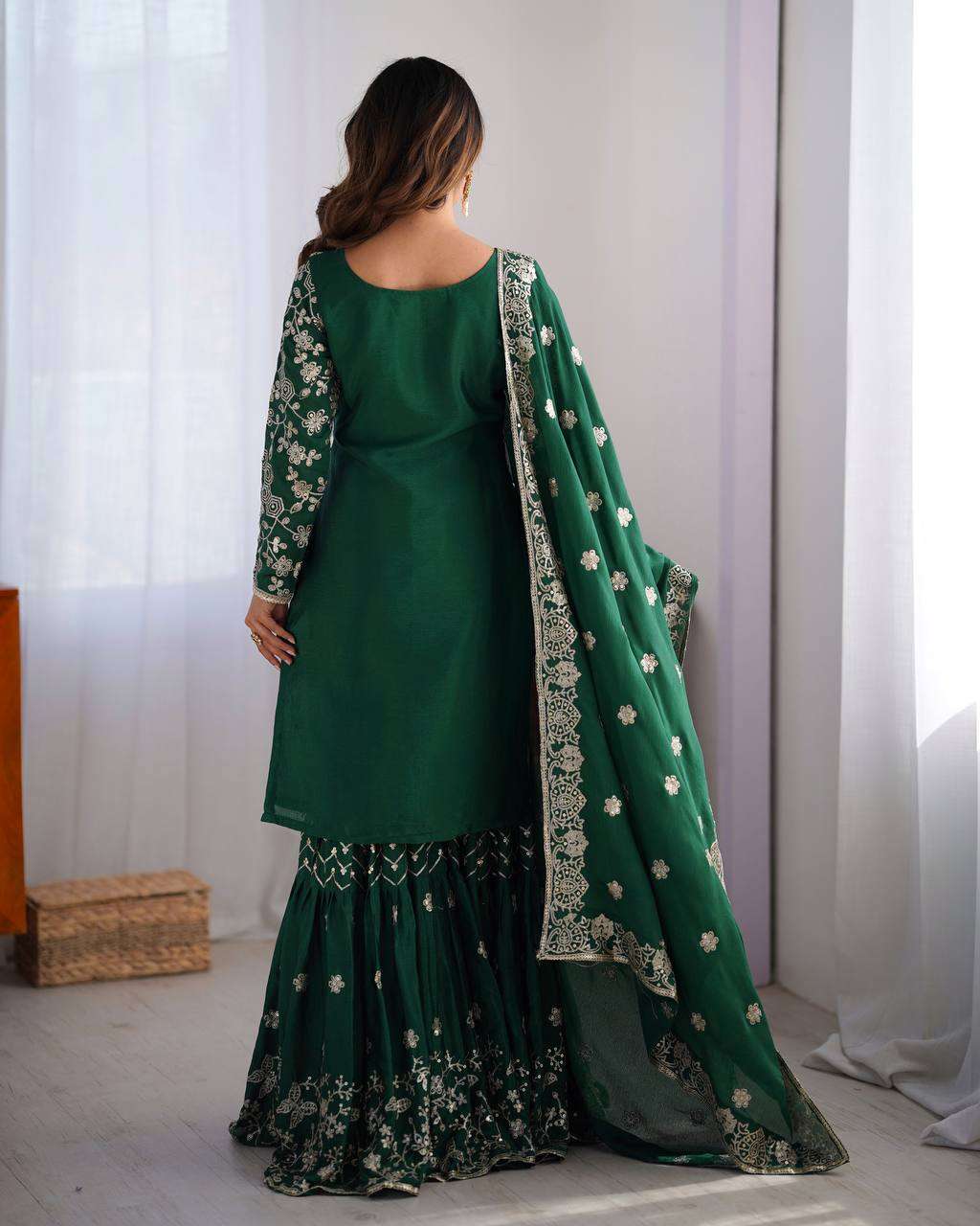 Women's Chinon Silk Embroidery Sequence Work Straight Kurti With Sharara Suit and Dupatta Set