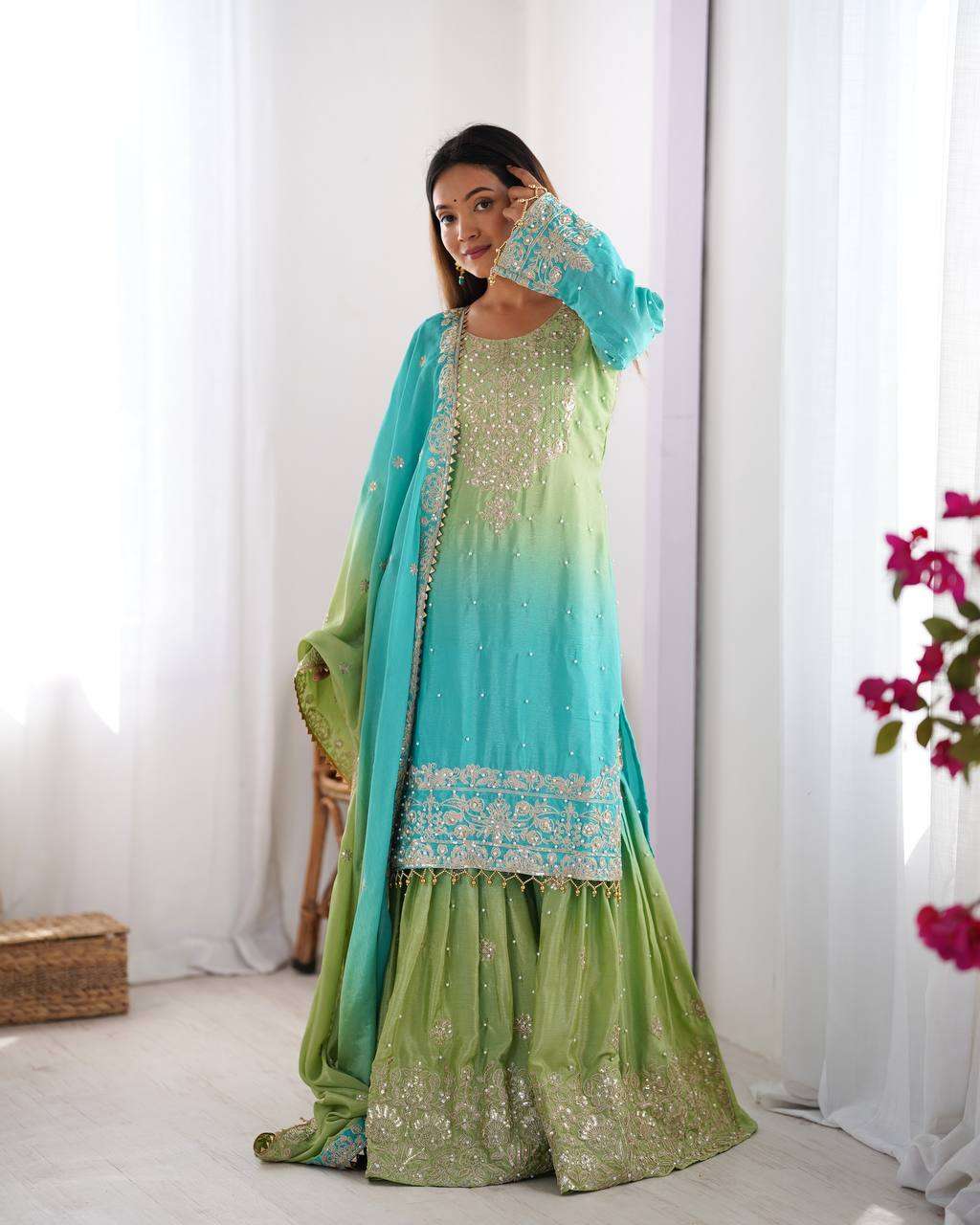 Women's Chinon Silk Sequence With Rivet Moti Work Straight Kurta With Sharara and Dupatta Set