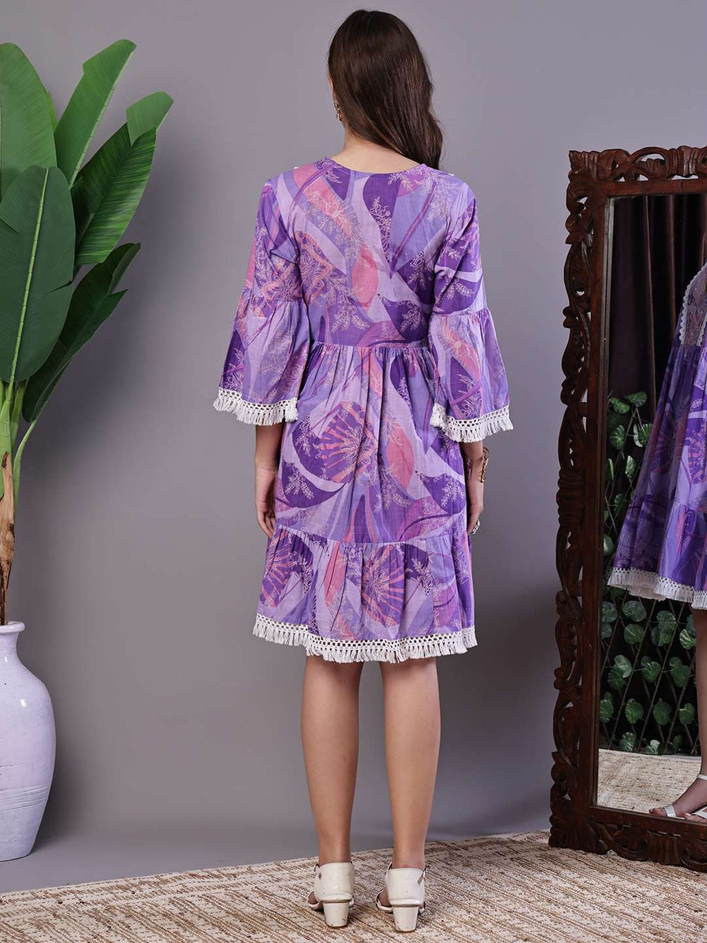 Wome's Purple Floral Cotton A-Line Dress with Lace Detailing Midi Dresses