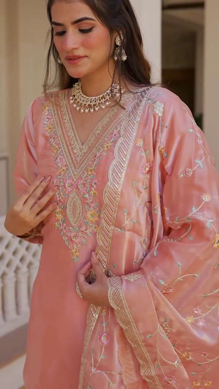 Women's Silk Heavy Embroidery Sequence Work Top-Bottom Straight Kurti With Pant and Dupatta set