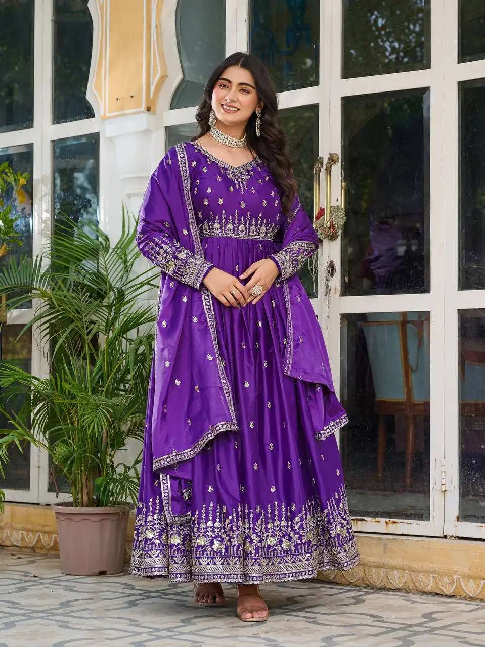 Women's American Silk Sequence Embroidery Long Anarkali Kurti (Gown) With Dupatta