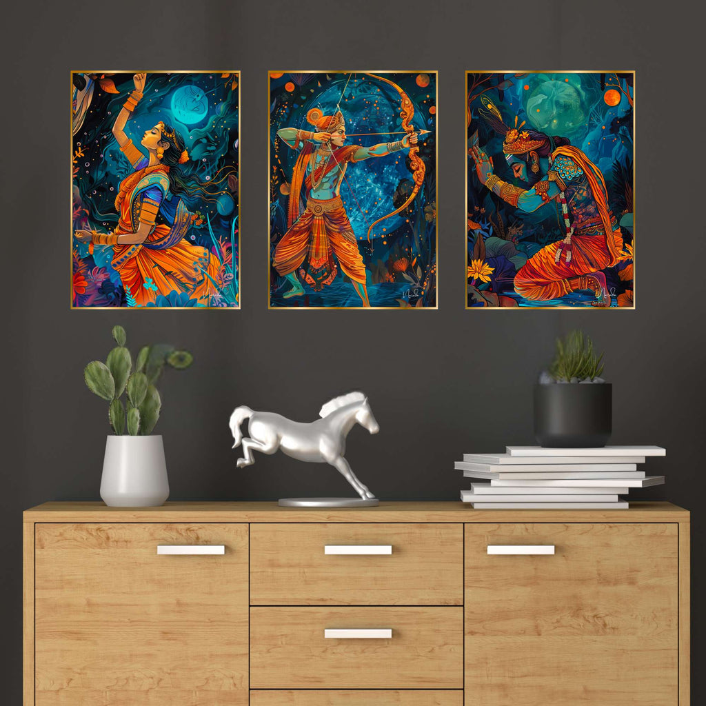 Set of Three Wall Paintings for Wall Dacoration Golden Framed Wall Paintings for Living Room & Bedroom Wall Art for Home Decoration & Office Wall Décor (24x18 inch CH-GD3-13)