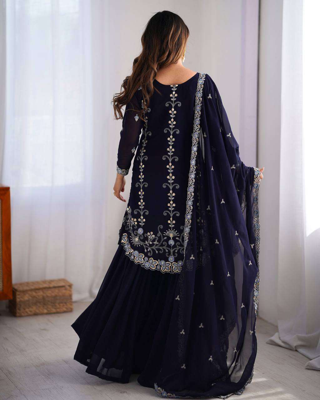 Women's Faux Georgette Sequins & Thread Work Straight Kurta With Sharara Suit and Dupatta Set