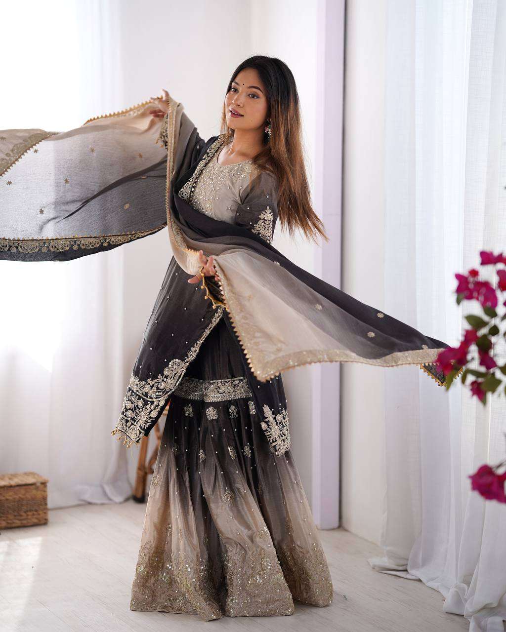 Women's Chinon Silk Sequence With Rivet Moti Work Straight Kurta With Sharara and Dupatta Set
