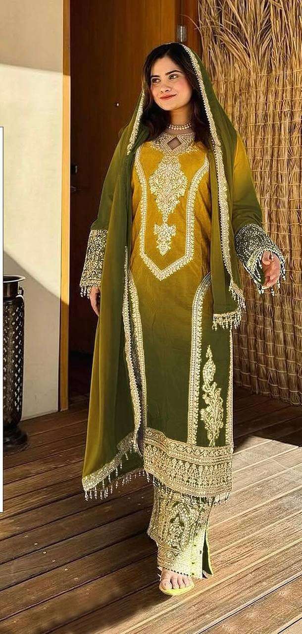 Women's Chinon Silk Embroidery Straight Pakistani Salwar Suit and Dupatta