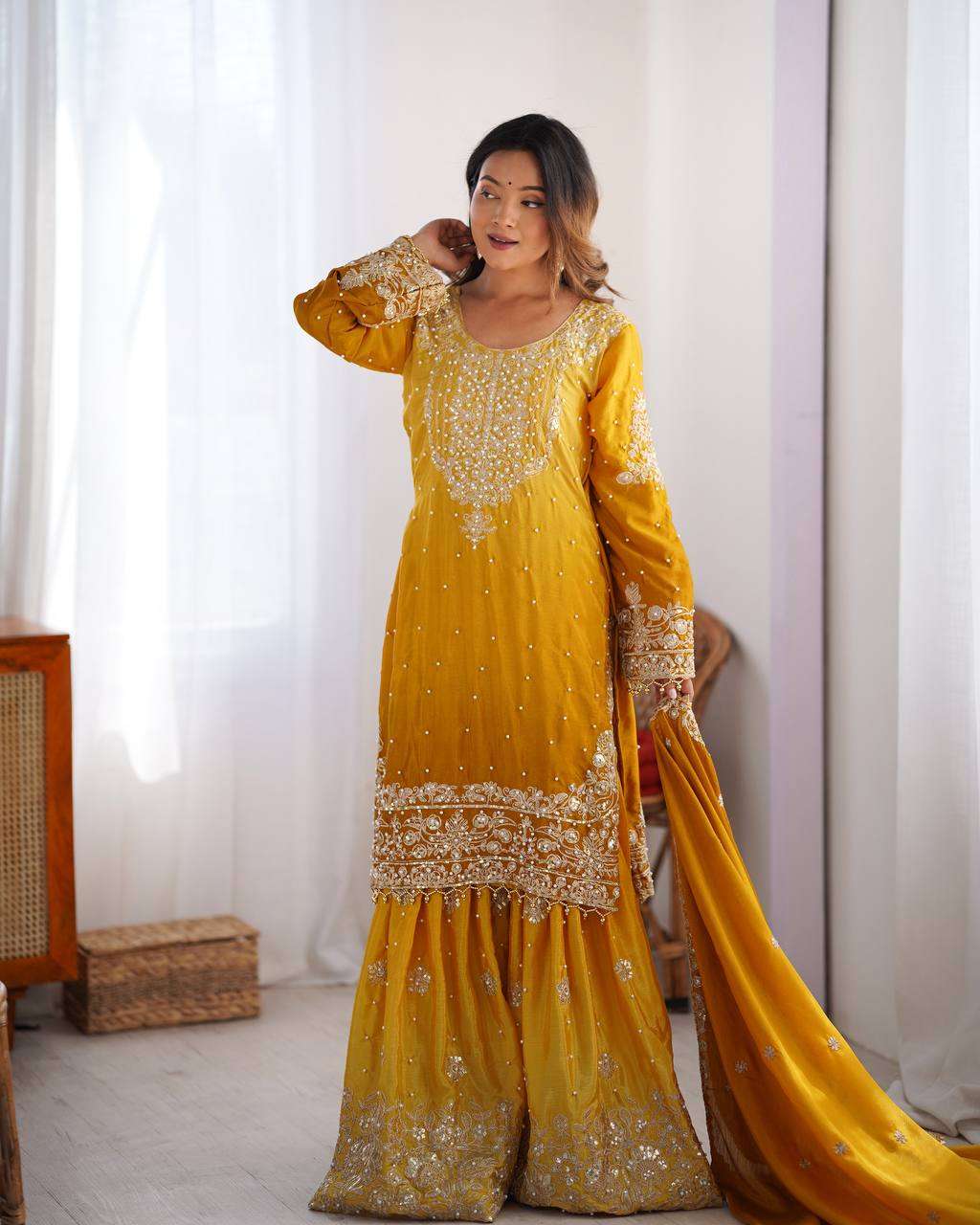 Women's Chinon Silk Sequence With Rivet Moti Work Straight Kurta With Sharara and Dupatta Set
