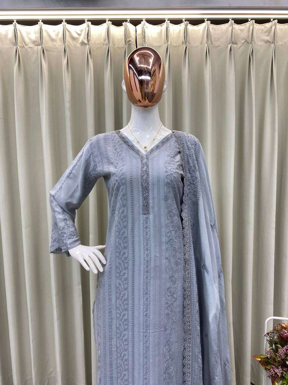 Women's Chinon Silk with Cotton Thread Embroidery Straight Kurti With Pant and Dupatta set