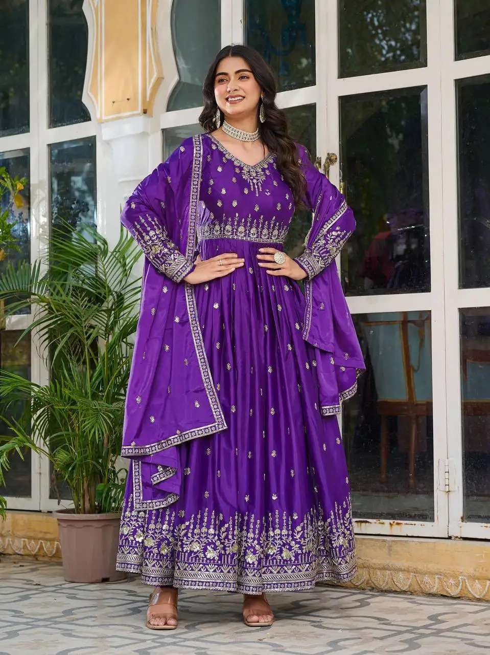 Women's American Silk Sequence Embroidery Long Anarkali Kurti (Gown) With Dupatta