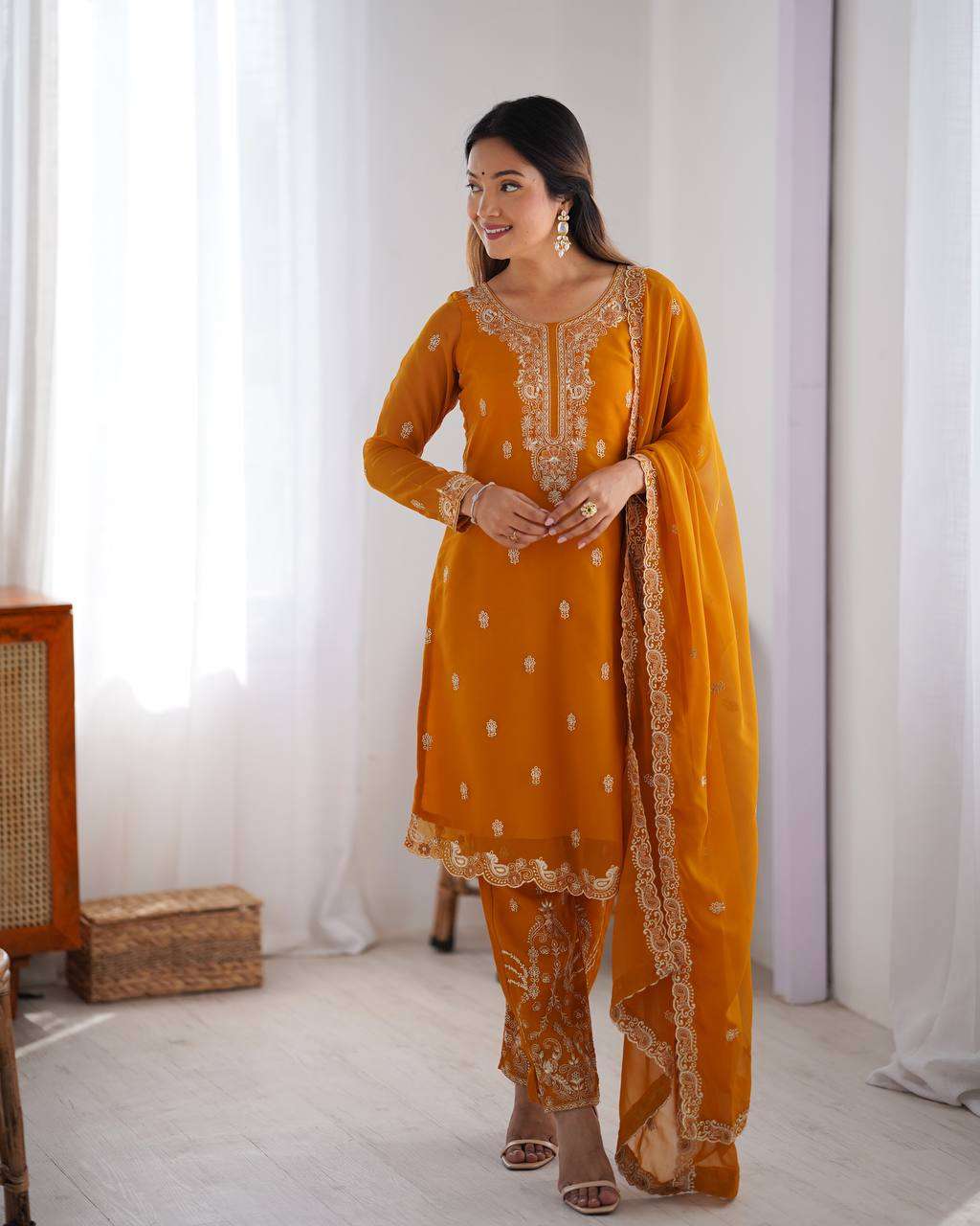 Women's Georgette Embroidery Straight Kurti with Pant And Dupatta Set