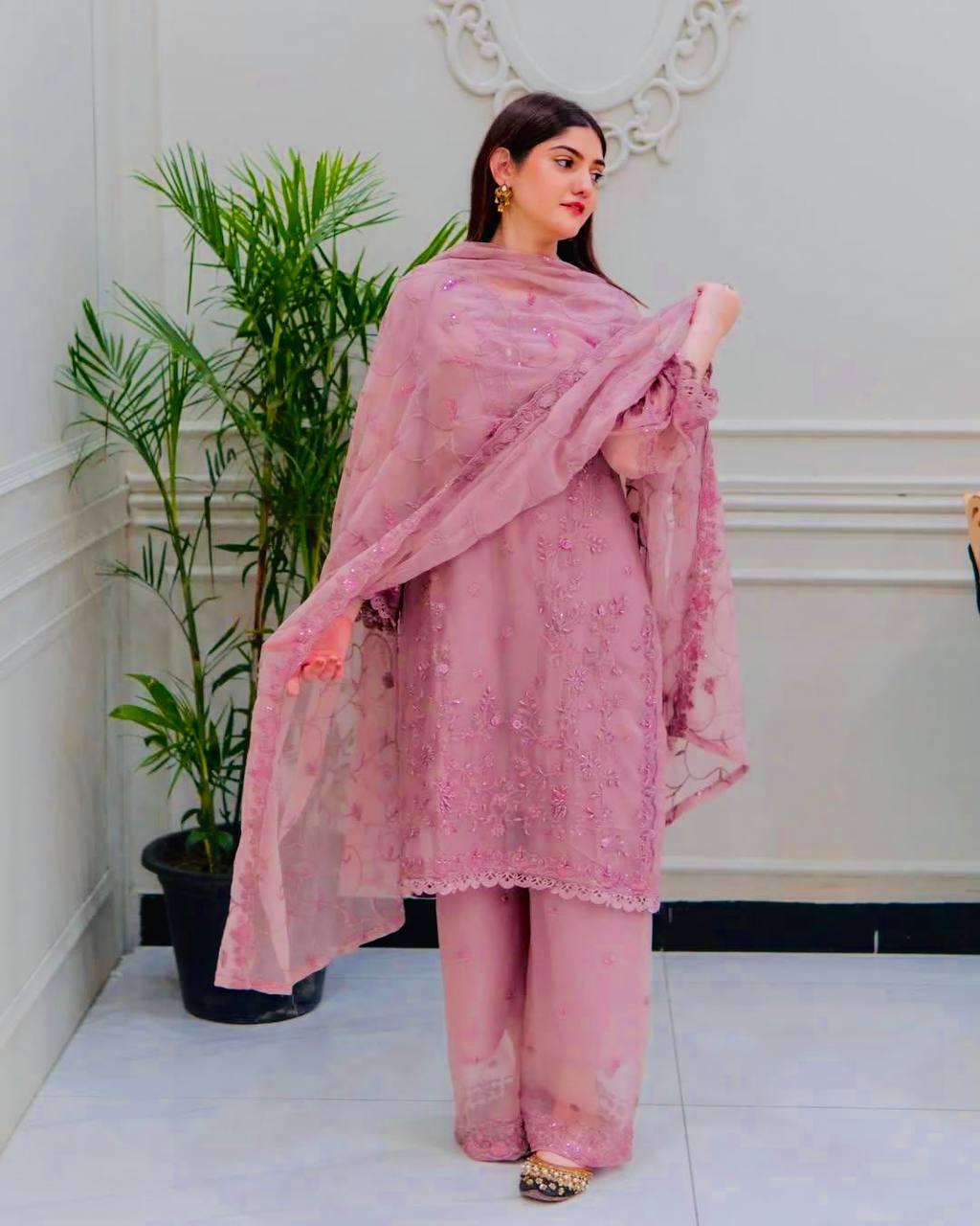 Women's Faux Georgette Embroidery work Straight Kurti With Pant and Dupatta Set